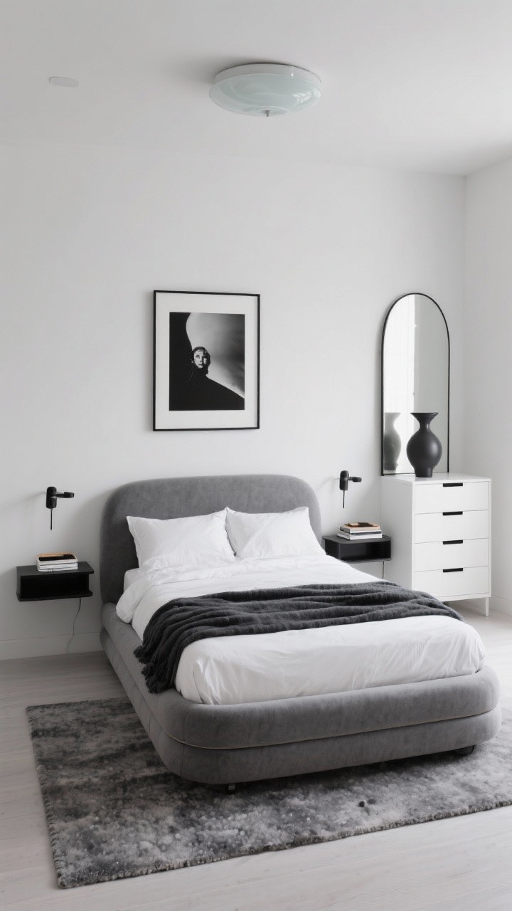 Photorealistic detail/medium shot, Sleek Monochrome Minimalist With Soft Curves: black, white, and fog gray palette; rounded pebble-gray upholstered bed with crisp white bedding and a tightly folded charcoal blanket at the end; matte black floating shelves as nightstands with clean-lined adjustable-arm sconces above each; oversized single black-and-white photograph centered over the headboard; low-pile soft gray wool rug; tall narrow matte-white dresser with black tab pulls; tall arched mirror leaning against the wall adding a soft curve; minimal decor—a single sculptural vase, a small stack of design books, and a simple tray; underbed drawers edge visible; opal-glass flush mount overhead. Cool, purposeful lighting, straight-on view for symmetry.