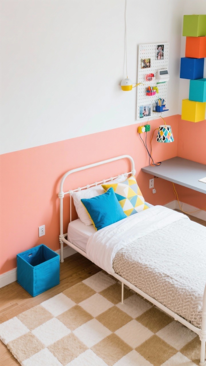 Photorealistic detail/overhead shot focused on graphic elements: lower two-thirds of the wall painted warm peach/muted coral meeting bright white upper third, a beige-and-cream checkerboard rug below, a white metal bed frame with rounded corners at the edge of frame layered with punchy throw pillows (cobalt, citron, quirky geometric), a slim desk surface with a wall-mounted pegboard above holding supplies, photos, and gadgets, colorful plug-in sconces with visible cords and a fun graphic shade, small boxy wall cubes in mixed colors climbing vertically. Overhead angle capturing color blocking, repeated cobalt accent in pillow, storage bin, and frame; bright, playful lighting.