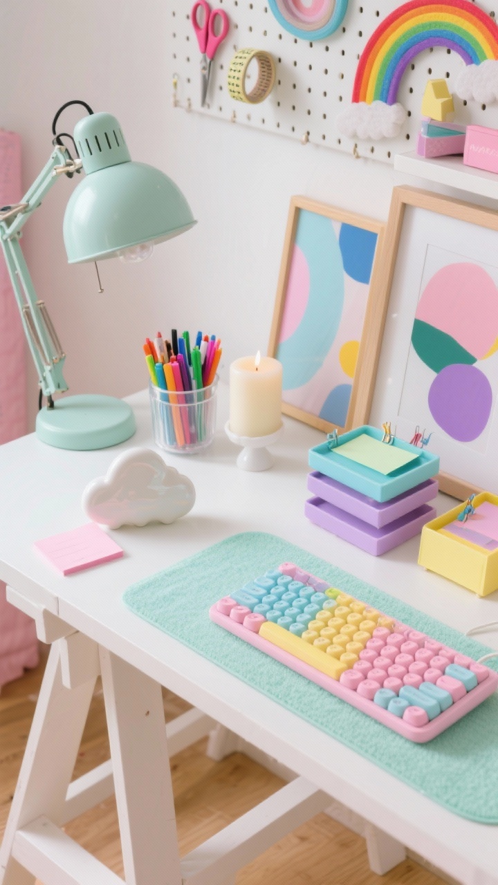 Photorealistic detail/overhead shot of a playful pastel artist desk. White trestle desktop with a mint microfiber desk mat; candy-colored keyboard with rounded keys; stackable pastel trays holding sticky notes and clips; glossy ceramic cloud-shaped catchall; clear lidded container filled with markers organized by rainbow color; fragments of a rainbow pegboard at top edge with scissors, washi tape, mini shelves; pastel task lamp with oversized dome shade peeking in; chunky bubble candle; color-blocked frames with abstract prints. Palette: bubblegum pink, sky blue, lemon, lilac. Bright, cheerful lighting, crisp shadows, emphasis on colorful organization and texture.