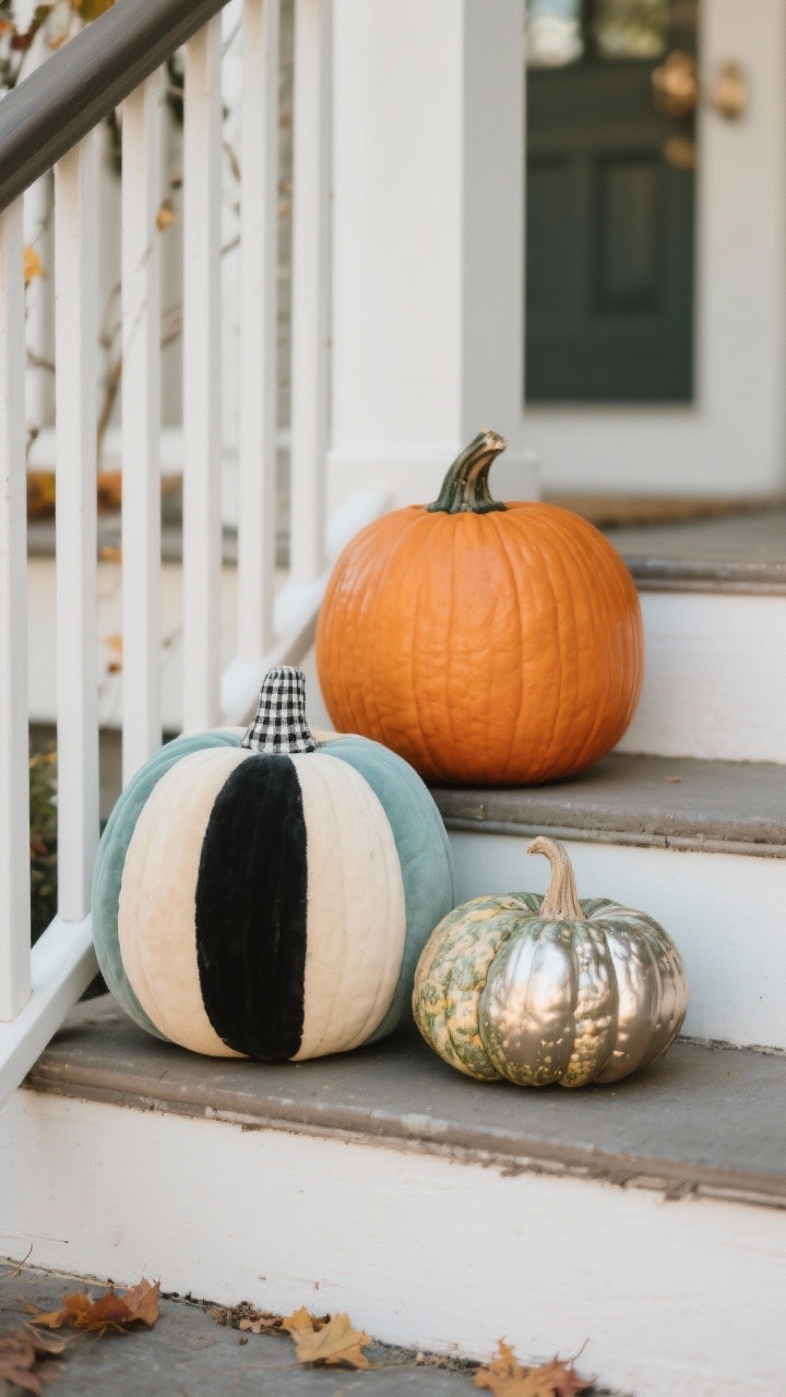 Photorealistic detail shot at stair level of a curated pumpkin cluster near porch steps: mixed real and faux pumpkins in varied sizes—one large, one medium, one small—styled in threes; include classic round, Cinderella, and knobby gourds. Use muted tones like sage, cream, and dusty blue with a touch of bright orange as a small accent. Add unexpected textures such as a suede-finish pumpkin and a metallic pumpkin for a modern touch. One pumpkin shows a chic painted detail (half-dipped matte black or subtle gingham). Soft natural fall light, shallow depth of field.
