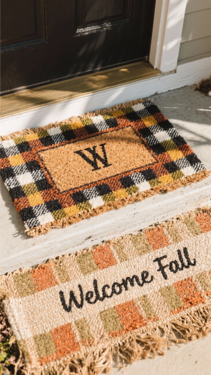 Photorealistic detail shot from a slight overhead angle of layered rugs at a porch threshold: a 4x6 plaid base rug in black-and-cream under a coir doormat with a simple monogram. Alternate version detail includes a flatweave stripe or jute base rug with a “Welcome Fall” coir mat. Palette leans pumpkin spice tones—terracotta, mustard, olive—subtly echoed in the mat border. Soft natural afternoon light, visible door threshold and a hint of step edge; focus on textures of coir fibers and flatweave pattern; dust subtly hidden by the layering.