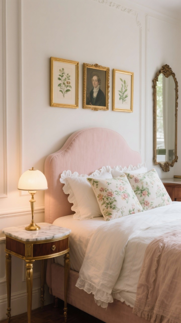 Photorealistic detailed closeup for “The Parisian Nook”: warm white wall with subtle picture-frame molding as backdrop; curved upholstered headboard in pale blush. Slender bistro-style nightstand in marble and brass topped with a petite globe lamp emitting soft warm light. On the wall above, a gold-framed art trio (classic portraits/botanicals) partially in frame. Textiles include washed-linen bedding, a scalloped-edge coverlet, and floral chintz pillows showing delicate pattern and texture. A hint of a tall antique-style mirror reflecting molding in the background. Cream, blush, moss, antique gold, espresso wood palette; intimate, romantic vibe with soft evening light.