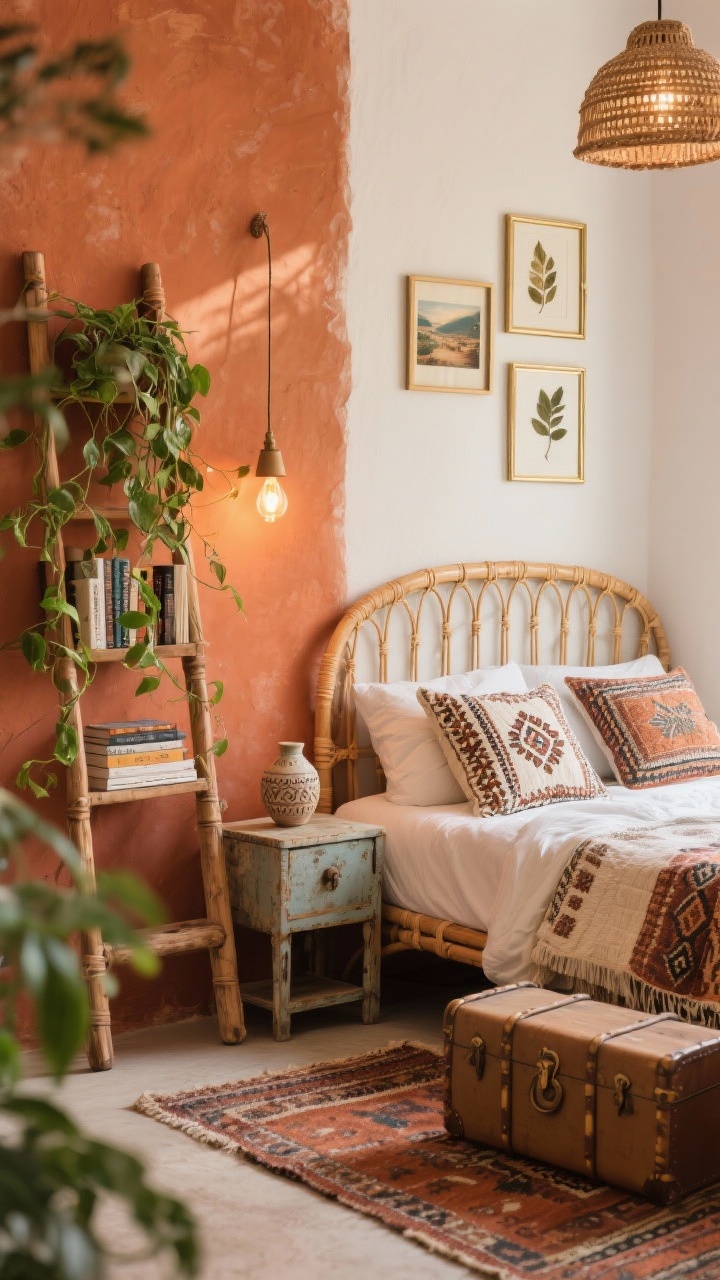 Photorealistic detailed closeup from a corner perspective focusing on boho textures and color: rattan bed frame against a terracotta accent wall; mismatched vintage-style nightstand edge visible; layered textiles—block-printed pillows, cotton kantha quilt, and a flat kilim rug tucking under the bed; ladder shelf with trailing pothos and stacked books; compact trunk at the foot partially in frame; creamy bright side walls; small ceramic lamp with warm bulb glow and a woven pendant light softly out of focus above; hints of a gallery wall with travel prints and pressed leaves in thin brass frames. Sun-drenched, warm, earthy mood emphasizing rattan, terracotta, and greenery.
