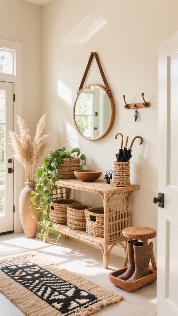Photorealistic entryway, bright sun-drenched daytime: rattan console against a bone-colored wall; large round mirror with a leather strap above reflecting light; floor layered with a jute runner and a smaller black-and-cream patterned mudcloth rug on top; console styled with stacked baskets, a trail of trailing pothos, and a shallow bowl for keys; umbrella stand with a few walking sticks; woven wall hooks and a hand-carved stool nearby; clay boot tray at the door; tall floor vase of dried pampas as a finishing touch; colors of bone, caramel, black-and-cream, leafy green; straight-on view.