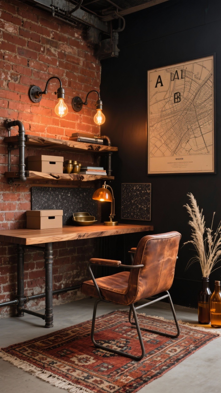 Photorealistic medium angle from a loft corner of an Industrial Amber Loft desk zone: exposed russet brick (or brick-effect wallpaper) backdrop, blackened steel desk with thick walnut slab top, distressed tobacco leather chair. Lighting: wall-mounted double-arm sconce with vintage filament bulbs, amber glass task lamp on desk casting molten glow. Storage: pipe-shelf unit with live-edge planks holding boxes, books, and metal trays. Flatweave kilim rug in rust, onyx, and sand softening the floor. Artwork: oversized sepia city map and dimmed metal letter marquee. Scatter oxidized brass accessories, charcoal cork board, and amber bottles with dried grasses. Warm, urban, sunset-lit mood.