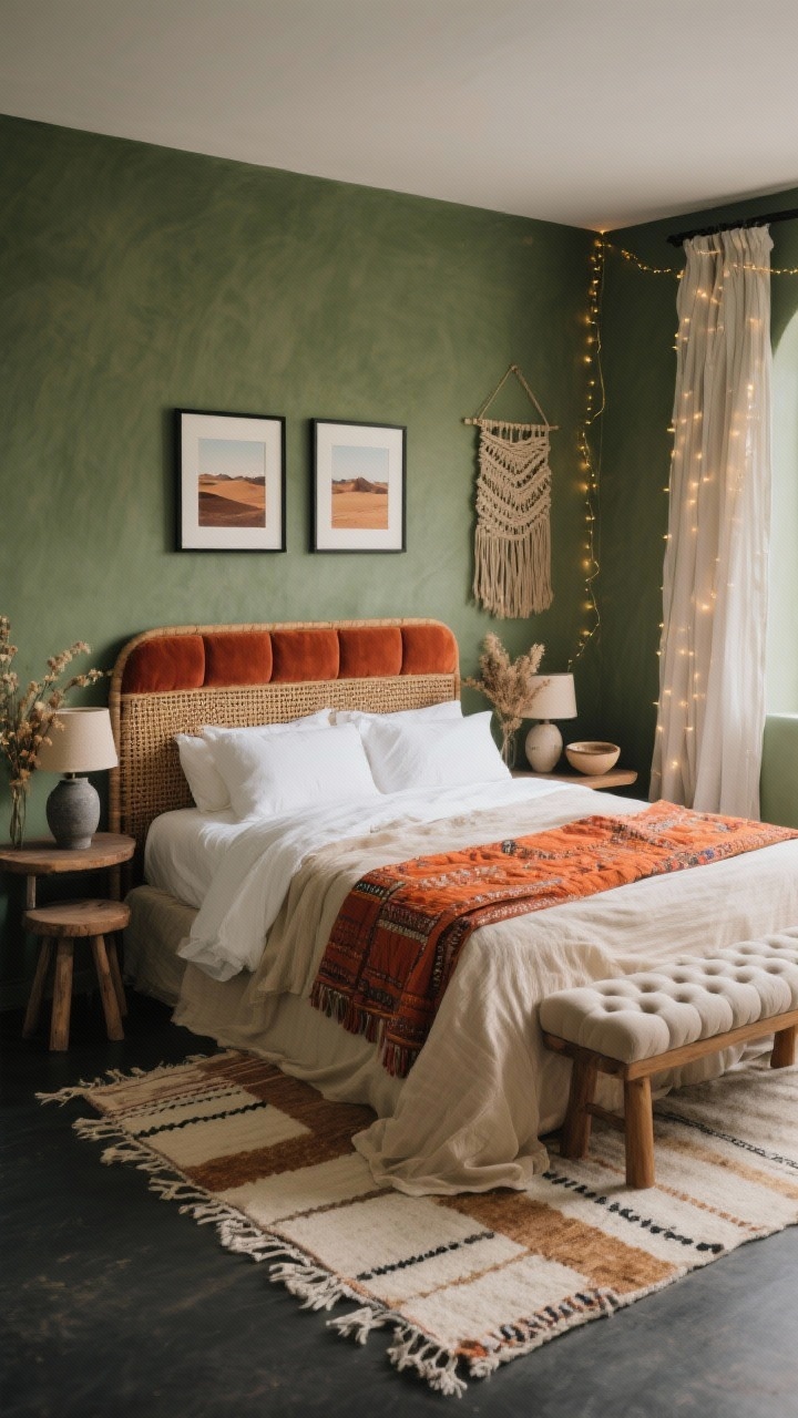Photorealistic medium bedroom scene with soft, moody light: sage green walls; textile headboard in rust velvet; layered bedding—crisp white sheets, sand-colored cotton gauze duvet, burnt-orange kantha quilt folded at the end; staggered wood stools as nightstands holding stoneware lamps and delicate dried florals; tufted bench at the foot of the bed; Berber-style rug in cream and tan underfoot; pair of desert landscape prints in thin black frames above; woven wall hanging and ceramic catchall dishes on a stool; linen curtains puddling slightly; soft string lights woven through a rattan headboard for dreamy glow; colors of sage, sand, rust, cream with matte black accents; corner angle.