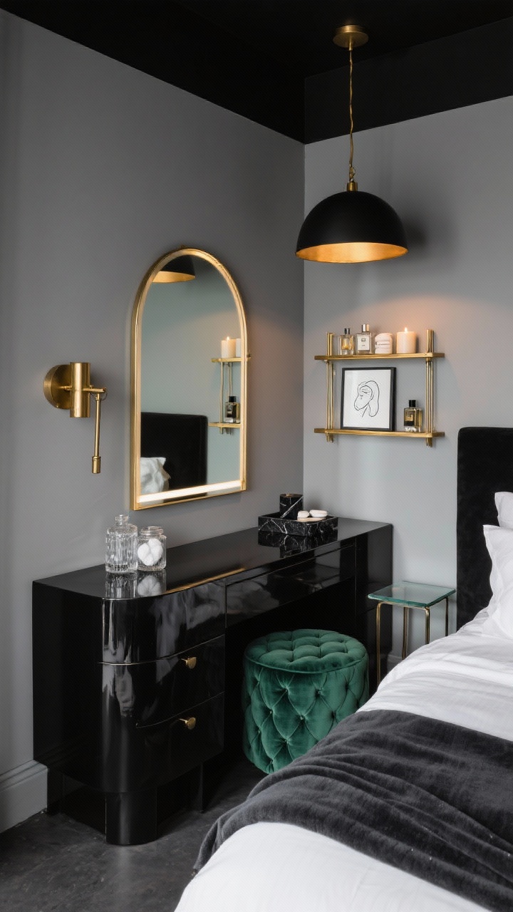 Photorealistic medium corner angle of a glam black lacquer vanity wrapping into a bedroom corner; glossy jet-black surfaces reflecting light; porcelain gray walls; bold arched brass mirror above; petite channel-tufted stool in deep moss green slid under; one deep drawer with velvet liners partially visible; slim brass étagère to the side displaying perfumes and candles; lighting: single swing-arm brass sconce on the left plus subtle LED strip under mirror edge for task light; decor details: cut glass jars for cotton rounds, black marble coaster for skincare, framed monochrome line drawing; background hints of crisp white percale bedding with a charcoal throw and smoked glass nightstand, petite black-and-brass pendant overhead; dramatic yet tightly edited atmosphere; evening ambient light with focused task illumination; no people.