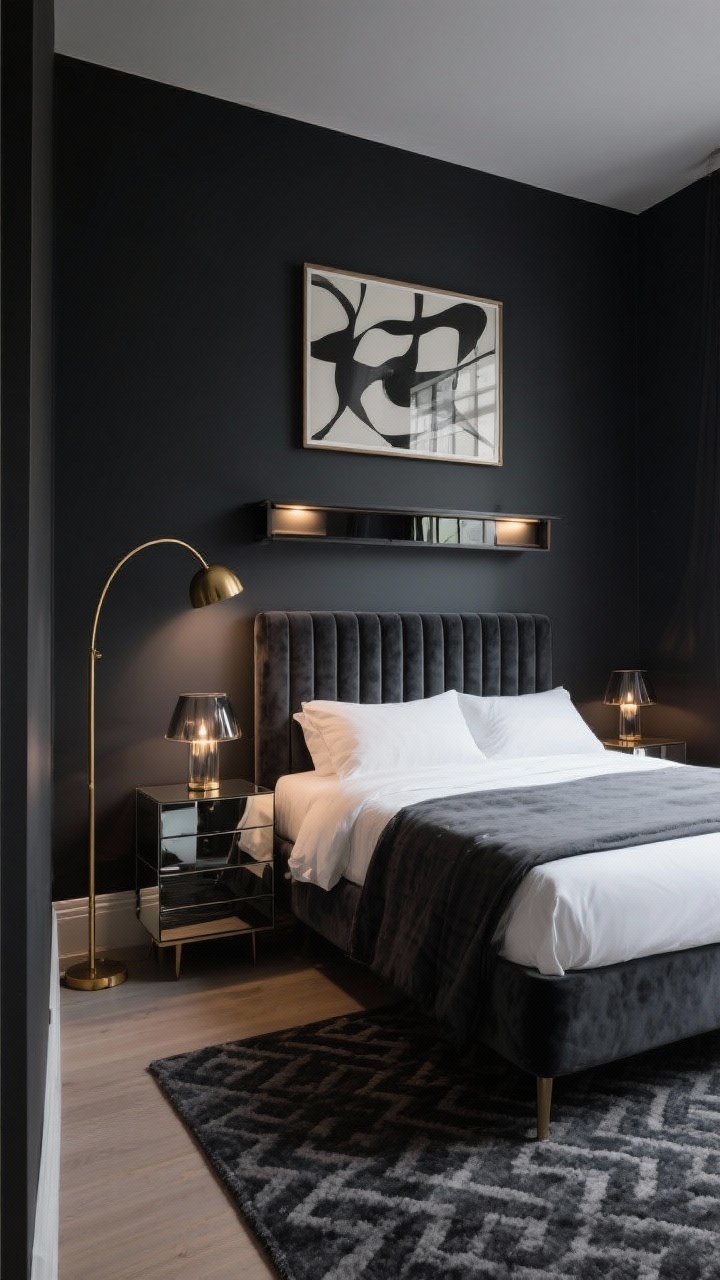 Photorealistic medium corner angle of a moody micro-luxe small bedroom: deep inky charcoal painted walls, slim velvet-upholstered bed with vertical-channel headboard in charcoal; bright white sheets with a graphite coverlet for contrast; mirrored cube nightstands reflecting light; brass arc floor lamp arcing over the bed for height; low-pile rug with subtle charcoal-on-charcoal geometric pattern; wall-mounted console opposite the bed functioning as vanity/dresser with hidden drawers; dimmable picture light above a large abstract art print as the focal point; tiny smoked-glass table lamp on a nightstand. Controlled, dramatic lighting with layered glows and reflections, cocooned atmosphere.
