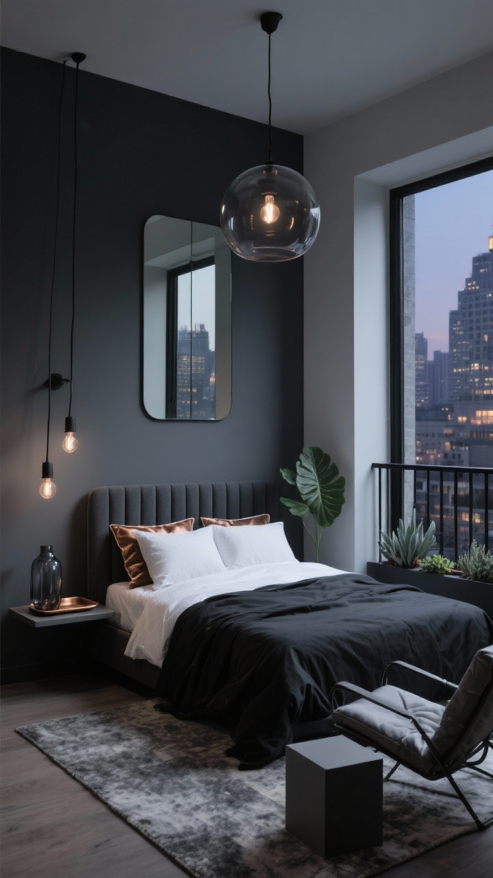 Photorealistic medium corner angle of a moody modern small bedroom with balcony, evening city glow. One matte deep graphite accent wall, other walls soft gray. A tall, slim upholstered charcoal channel headboard with crisp white bedding and a black sateen duvet; bronze-edged pillows. Thin black swing-arm sconces with exposed bulbs; a compact smoked-glass globe pendant overhead. Mirror-front wardrobe reflecting space. Short-pile marled gray rug under the bed. On a wall-mounted night shelf: a small bronze tray and a smoked glass vase with a single monstera leaf. Through the balcony door: black steel rail planter with architectural succulents, a cube side table, low lounge chair with waterproof cushions. Moody, minimal, high-contrast lighting.