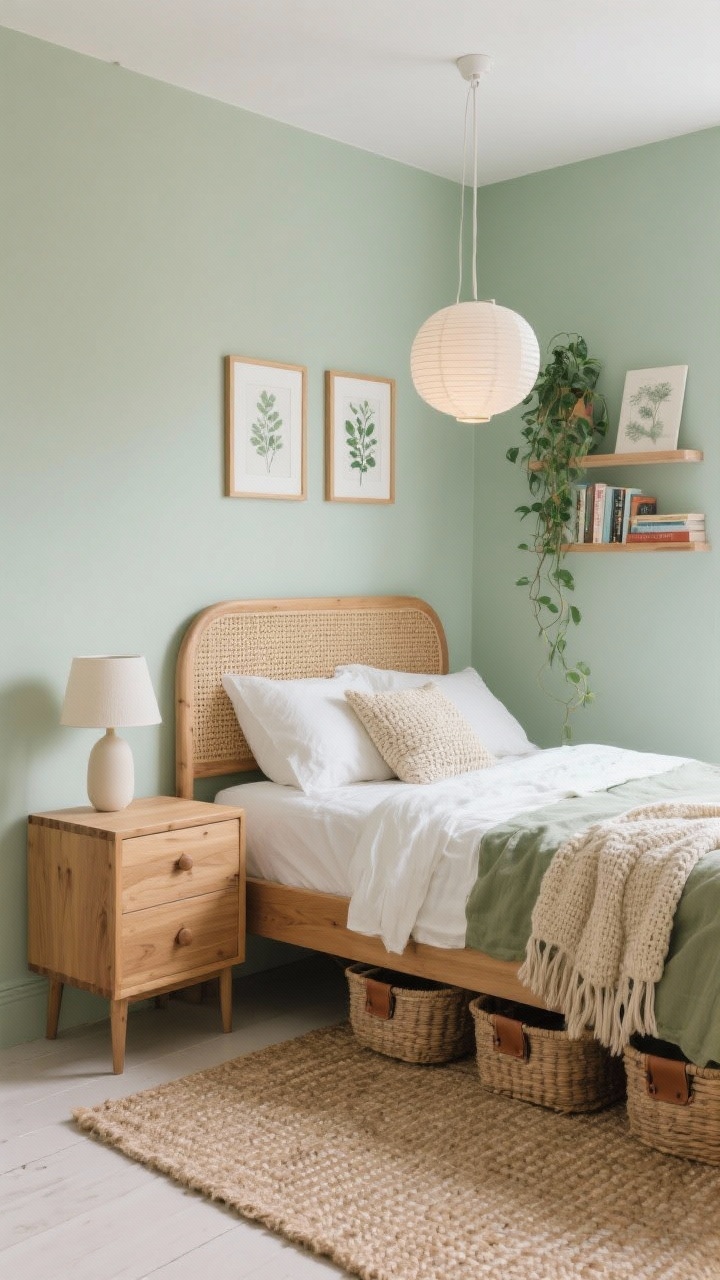 Photorealistic medium corner angle of a pale sage green small bedroom with warm wood accents, highlighting a rounded-edge ash wood bed frame with a woven cane headboard. Layered linen bedding in ivory and muted moss with a knitted barley-beige throw; natural jute rug with subtle woven pattern underfoot. A narrow oak dresser with leather pulls and baskets tucked under the bed for hidden storage. Paper lantern pendant casts a soft glow; a slim matte-cream ceramic table lamp sits on a minimal surface. Two small botanical prints in thin oak frames and a narrow picture ledge with rotating art/books on the wall; a trailing plant high on a shelf draws the eye upward. Mood: organic Scandi sanctuary, light, breathable, spa-like calm.