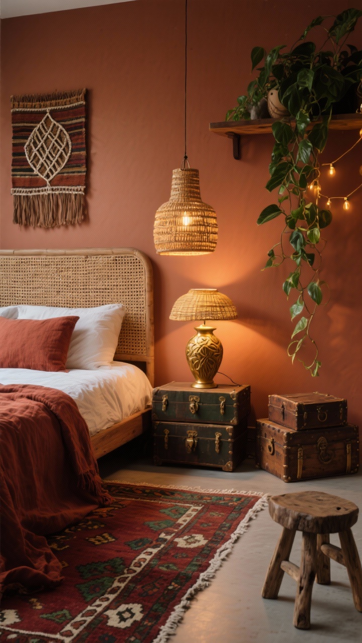 Photorealistic medium corner shot of a “Mood-Lit Modern Boho” setup focusing on the bed and lighting. Earthy terracotta walls, low walnut bed dressed in rust-toned linen. Vintage-style kilim rug in deep rust, olive, and cream underfoot. Asymmetrical lighting: a woven pendant hanging on one side and a free-form ceramic table lamp on the other; golden, layered glow with additional subtle string lights. Lush trailing pothos spilling from a high shelf. Woven headboard or wall-mounted rattan panel behind the bed for height. Nightstand substitutes: stacked vintage trunks on one side, rough-edge wood stool on the other. Small macramé piece or framed textile above the bed. Accents in antique brass; materials include rattan, carved wood, linen, aged metal. Warm, cozy, dramatic mood; no people.