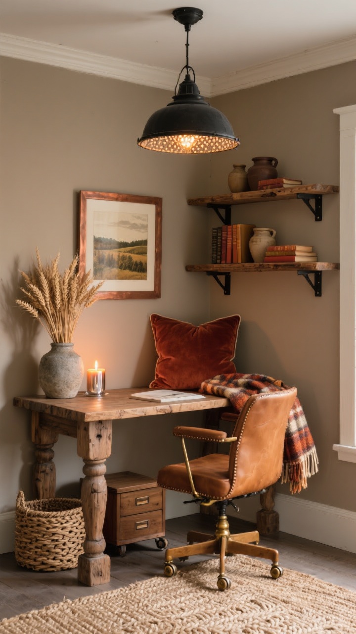 Photorealistic medium corner shot of a Rustic Harvest Study Nook: warm taupe/mushroom beige walls, a compact reclaimed wood desk with chunky legs and visible grain, camel leather swivel chair with antique brass casters, black iron pendant with seeded glass shade overhead. Include plaid wool throw, rust velvet lumbar pillow, braided jute rug, two rough oak floating shelves with matte black L-brackets holding harvest-colored books and ceramic crocks. Style decor with a copper-framed landscape print, dried wheat bundle in a stone vase, and a lit mercury glass candle casting a soft amber glow. Discreet woven cord basket under desk and small oak file pedestal on casters. Cozy autumn cottage-core mood, soft evening light, no people.