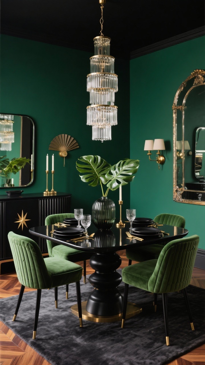 Photorealistic medium dining room scene with sultry supper-club vibe. Centered high-gloss ebony dining table with softly rounded rectangular top on stepped column legs. Around it, emerald velvet dining chairs with tight channel tufting, slim black metal frames, brass-capped feet. Above, a tiered glass chandelier like a waterfall. Walls: two in matte deep emerald, one full antiqued mirror panel reflecting the table; dark-stained herringbone wood floor with a low-pile charcoal rug under the table. Piano-black curved bar cabinet with fluted doors and a brass inlay starburst. Table set with black stoneware plates, brass flatware, slim crystal coupes, Art Deco candlesticks with stepped bases and tall tapers, and a centerpiece of glossy monstera leaves in a ribbed smoked-glass vase. Add deco fan sconces with opaline shades on emerald wall. Angle: corner view capturing mirror reflections, warm moody lighting.