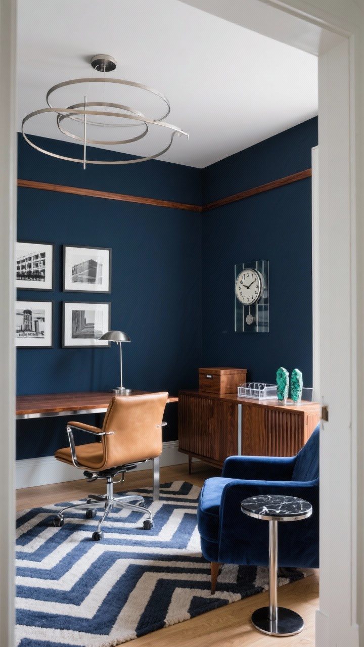 Photorealistic medium home office composition in Streamline Moderne style. Ink navy matte walls with a walnut picture rail. A walnut waterfall-edge desk with a slim brushed-steel apron; a camel leather swivel chair on a chrome base. To the side, a low credenza with fluted walnut doors and a single inlaid steel stripe. Lighting: brushed-steel streamlined banker’s lamp on the desk and a ceiling fixture with concentric rings casting a clean glow. Floor: flatweave rug in navy and ivory chevron. Wall decor: black-and-white architectural photographs in thin steel frames; a vintage-style clock with stepped numerals and a smoked-glass face. Accessories: walnut boxes, clear file trays, malachite bookends. Add a velvet club chair in stormy blue and a petite chrome side table with a black marble top. Angle: straight-on from doorway height, crisp daylight balanced with lamp on.