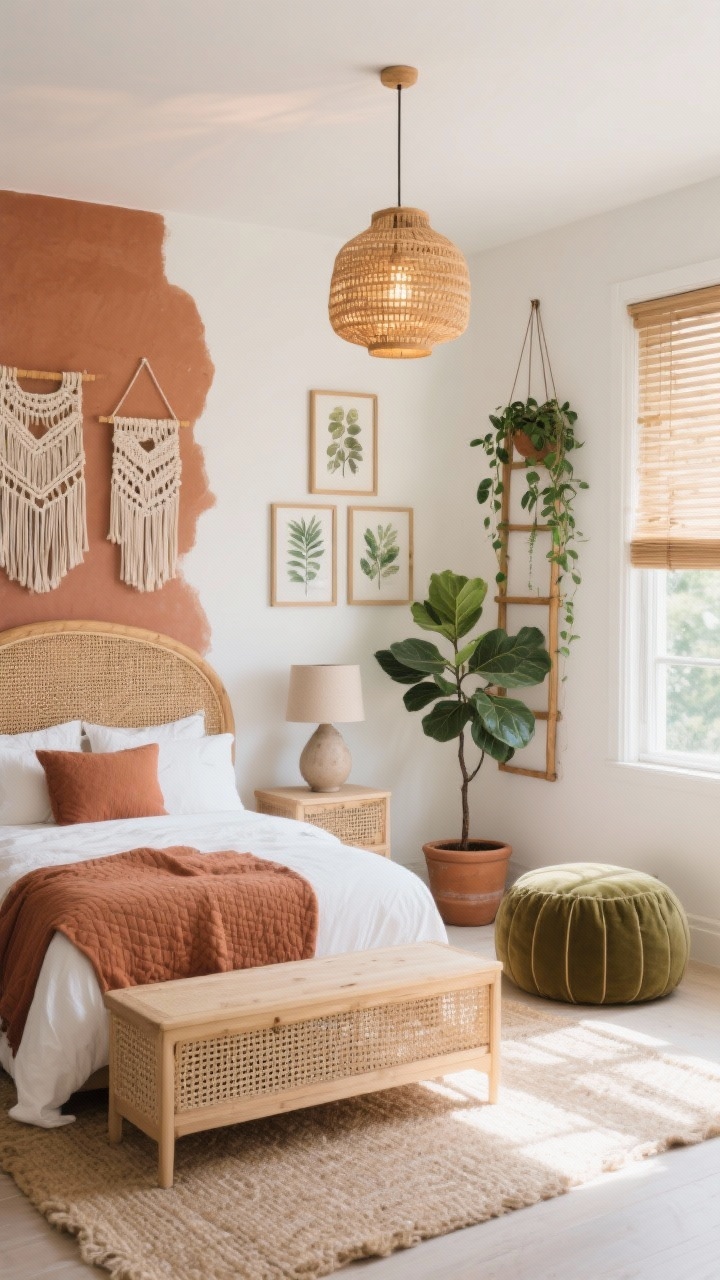 Photorealistic medium room shot, Modern Boho Sunroom Vibes: warm white walls with one muted terracotta/cinnamon accent wall; bed with a curved rattan headboard, crisp white percale sheets, clay-colored quilt; woven storage bench at the foot; light wood caned-front nightstands topped with matte sand sculptural ceramic lamps; walls featuring a mix of fiber art and a small gallery of botanical prints; jute-and-cotton rug; vertical plant styling with a hanging pothos, a slim ladder shelf with trailing ivy, and one fiddle-leaf fig (or olive tree) in a clay pot by the window; woven pendant overhead, lantern-style table lamp casting warm dappled light; woven wood shades with sheer panels filtering sunshine; optional olive velvet pouf in a corner. Daylight streaming in, relaxed oasis mood, slight corner perspective.