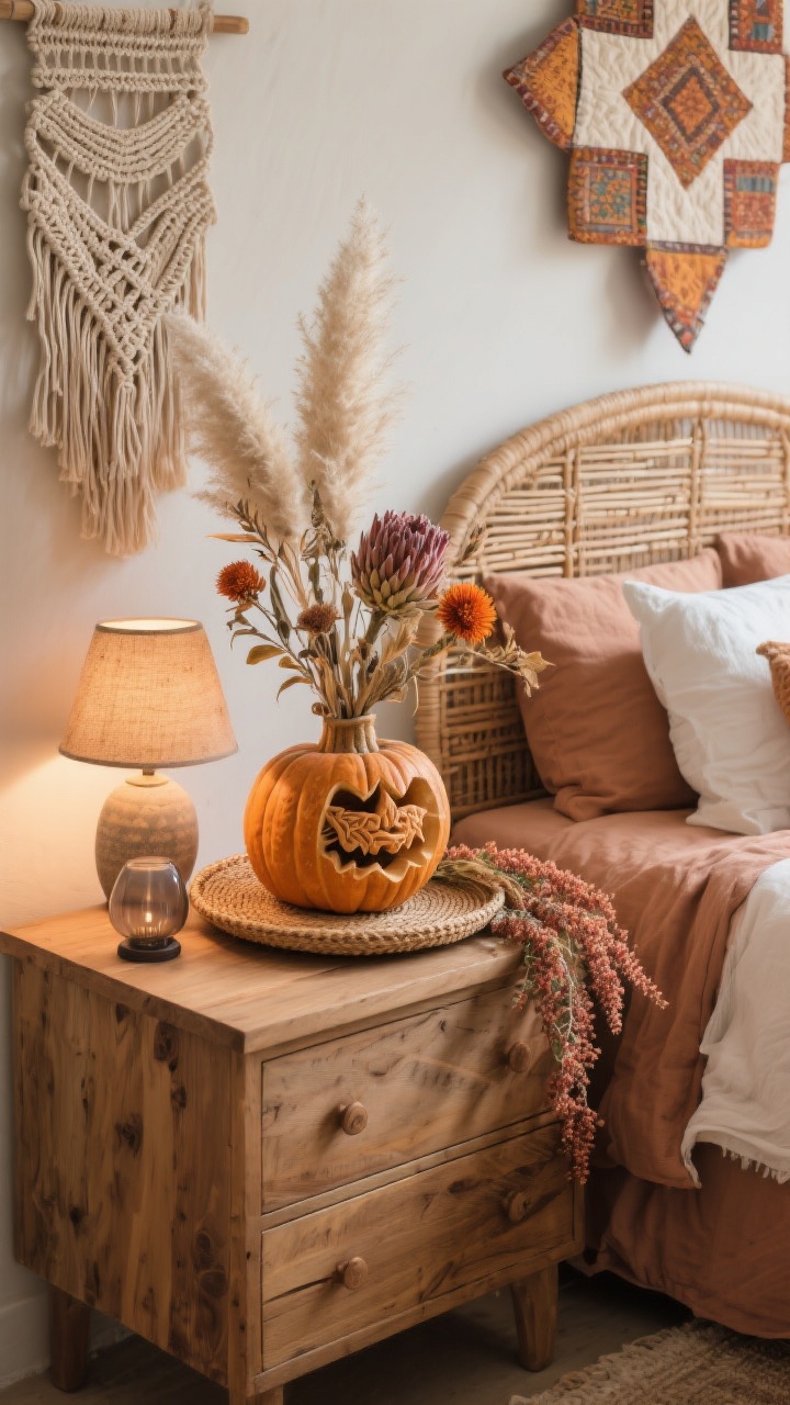 Photorealistic medium shot, boho bedroom dresser vignette: rattan headboard and clay-colored linen bedding with a kantha quilt visible in background, carved wood nightstand; on a dresser sits a carved-out heirloom pumpkin used as a vase for pampas plumes, bleached ruscus, dried protea, terracotta strawflower, with trailing amaranthus spilling over the edge; arrangement set on a round jute tray beside a smoky glass diffuser; woven wall hanging above, stacked floor cushions and a ceramic lamp casting a warm glow; palette of clay, sand, saffron, natural rattan, warm white; textures of linen, rattan, macramé, raw wood, dried botanicals; cozy evening lighting, three-quarter corner angle.