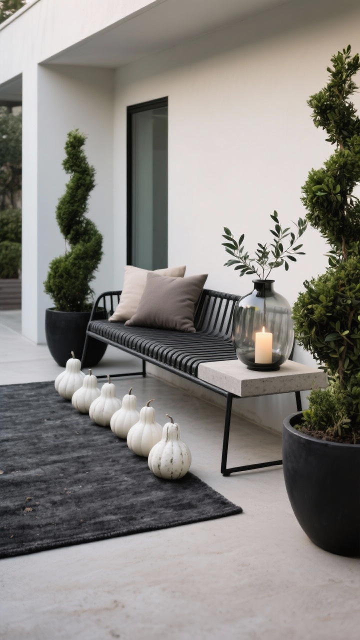 Photorealistic medium shot, corner angle: a charcoal outdoor rug anchors a black metal bench with graphite and taupe cushions; along the edge, a precise row of monochrome gourds in all-white or all-green; tall olive topiaries in matte black planters flank the bench; a single oversized lantern with a pillar candle provides soft, moody light; on a small cement side table sits a smoked glass vase with eucalyptus; sleek, clean lines in charcoal, black, greige, and soft white; materials of powder-coated metal, concrete, and glass; no people.