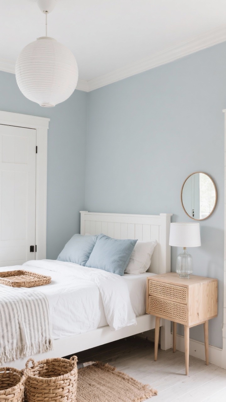 Photorealistic medium shot, corner angle of a small bedroom with misty gray-blue walls in satin/eggshell, bright white trim and doors for crisp contrast. White wood bed with narrow profile and shiplap-style headboard, airy white cotton bedding with a subtle linen striped throw and soft blue-gray pillows. Pale oak dresser on slim legs showing more floor, cane-front nightstand, and a round mirror above the dresser to bounce light. Natural textures: rattan tray on the bed, jute runner peeking from under the bed, rattan baskets. Soft, optimistic daylight; glass-base lamp on the nightstand or a simple white drum pendant overhead. Breezy coastal minimal vibe.