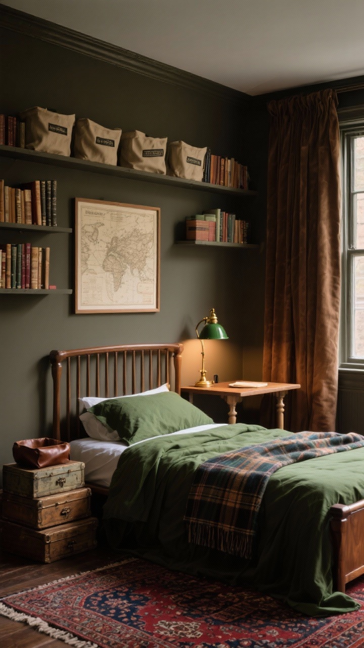 Photorealistic medium shot, dark academia vibe: deep olive/smoked taupe walls, walnut bed with low slatted headboard, moss-green duvet with a plaid throw, small Persian-style rug in ruby and navy at the bedside, one wall lined with shallow bookcase-style shelves filled with books and labeled canvas bins on top, a framed vintage map illuminated by a brass picture light, compact writing desk with tapered legs under a window, a green banker’s lamp casting warm light, small clip-on reading light on the headboard, stacked antique-look boxes and a leather catchall on the desk, heavy earthy-brown linen curtains partially drawn. Warm bulbs only, cocooned, scholarly mood, slight corner angle.