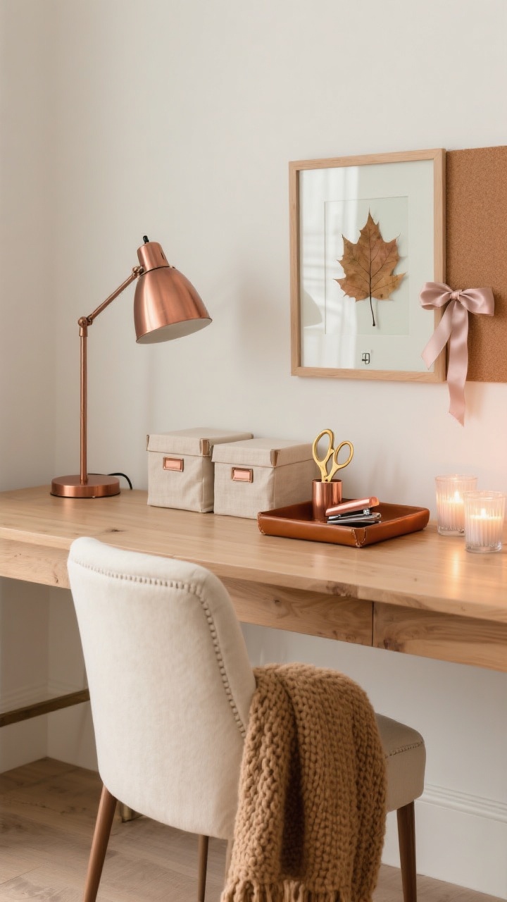 Photorealistic medium shot focused on metallic warmth: light oak desk with a cream upholstered chair. Copper desk lamp, linen storage boxes, caramel leather tray neatly holding essentials. Copper stapler, rose-gold scissors, and satin ribbon pinned to a small cork board; a framed autumn leaf pressed between glass leans on the wall. Battery tea lights in frosted votives add a soft glow; nubby camel knit throw on the chair. Cozy neutrals with copper and caramel shine, soft warm lighting, straight-on.