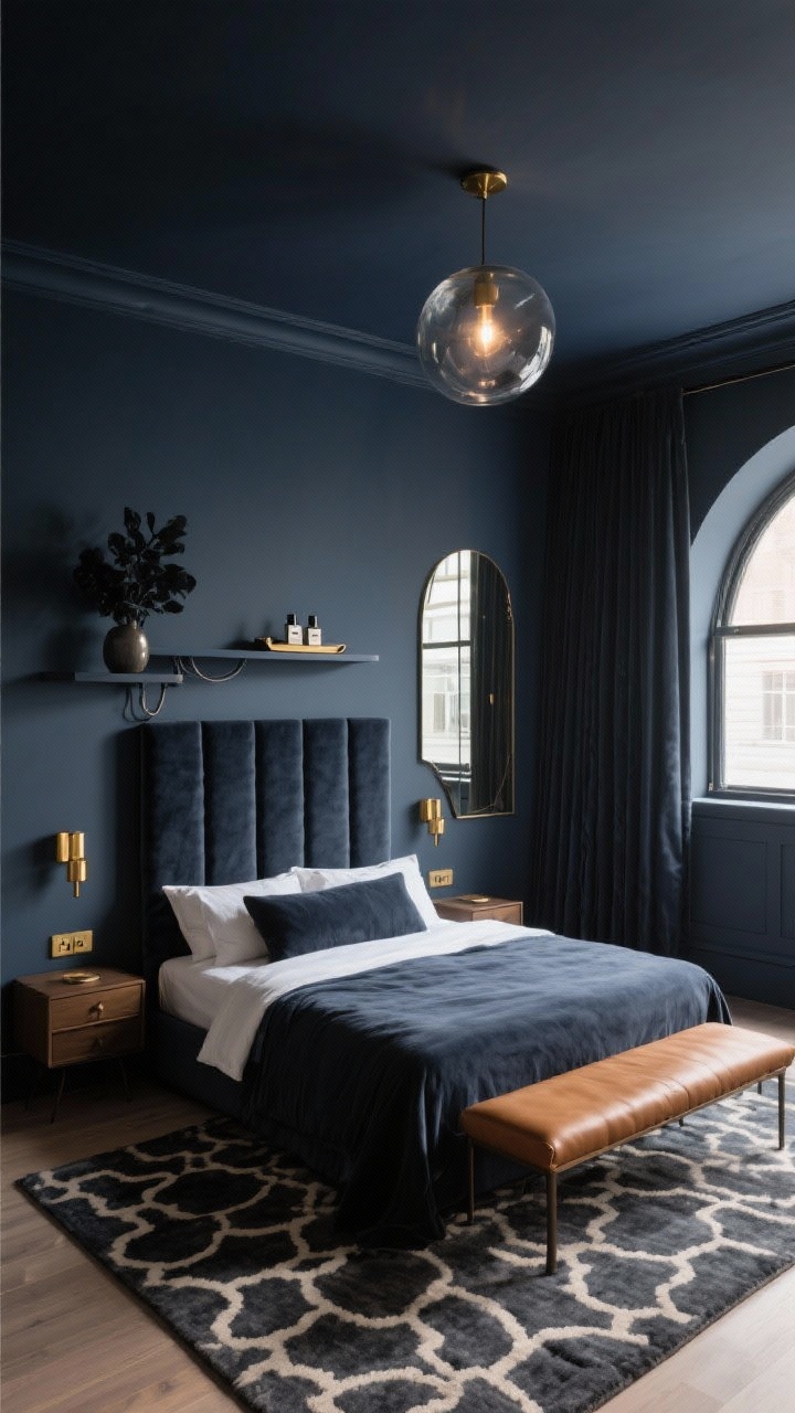 Photorealistic medium shot from a corner angle of a moody boutique hotel-style 10x10 bedroom: walls and semi-gloss ceiling in deep charcoal blue (tone-on-tone), matching dark curtains and bedspread. A centered queen bed with a tall upholstered headboard, flanked by wall-mounted nightstands and brass plug-in sconces. Warm brass hardware accents and a narrow camel leather bench at the foot of the bed. A low-pile patterned rug in charcoal and cream grounds the bed. Near the window, a leaning arched full-length mirror bounces light. Opposite wall features a floating media shelf with hidden cable management, a small tray with perfumes, and a low vase with dark foliage; a slim wardrobe with mirrored doors adds depth. A smoky glass globe ceiling fixture provides soft, glamorous illumination. Dramatic, cozy mood.
