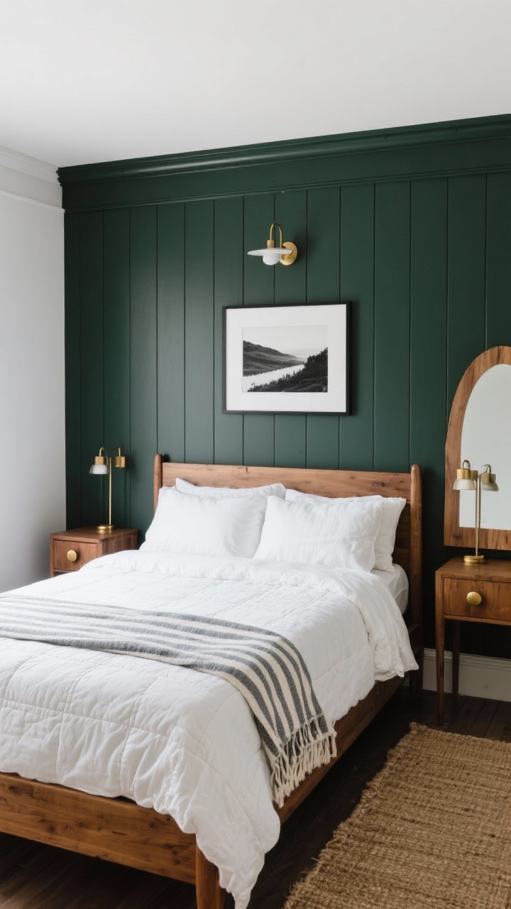 Photorealistic medium shot from a slight corner angle: a small bedroom with a three-quarter height board-and-batten accent wall in a deep charcoal green, vertical battens lifting the eye. Mid-tone wood bed frame with cloud-soft white quilt, oversized euro shams, and a striped throw at the foot. Narrow Shaker nightstands with small round brass pulls, slim brass sconces for reading flanking the bed, and a picture light above the headboard highlighting the millwork. A single black-and-white landscape print centered above the bed. Natural oak accents, an arched wood mirror leaning nearby, and a textured jute runner along the side of the bed. Balanced modern cottage-meets-editorial mood, evenly lit.