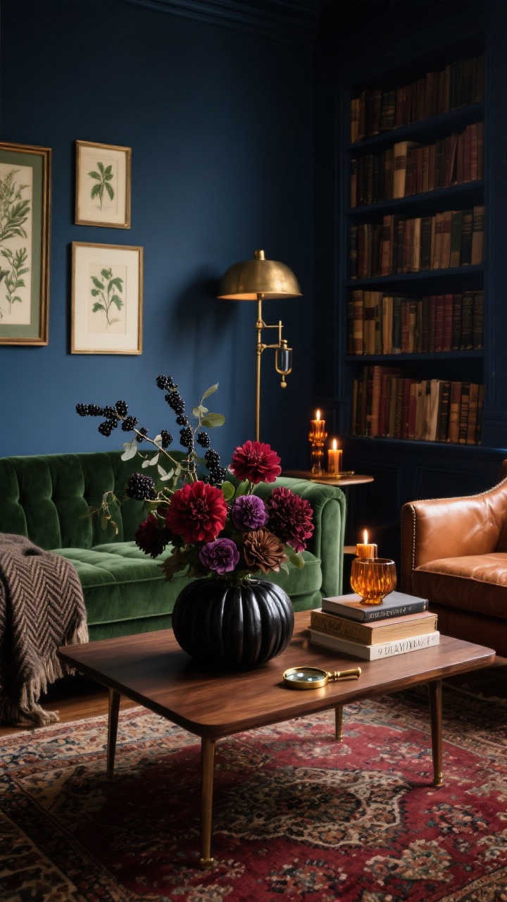 Photorealistic medium shot, moody library lounge reading nook: ink-blue walls, deep green velvet sofa, cognac leather armchair, low walnut coffee table with an off-center matte black faux pumpkin floral arrangement filled with burgundy dahlias, deep plum ranunculus, chocolate cosmos, trailing eucalyptus, and draping blackberry branches; brass pharmacy lamp casting warm antique brass highlights; Persian-style rug with garnet tones underfoot; library shelves stacked with vintage books, framed botanical prints on the wall, amber glass candle holders, stack of poetry books and a petite brass magnifying glass on the table; textures of velvet, leather, wool herringbone throw, and brass; dim, cozy lighting emphasizing rich colors and luxe, dramatic mood, straight-on angle.