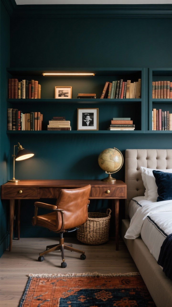 Photorealistic medium shot, moody library wall bedroom-office: deep ink blue/charcoal green feature wall lined with slim bookcases framing a narrow walnut desk with brass knobs and two slim drawers; tufted saddle-brown leather swivel chair; picture lights over the shelves casting a warm glow; stacked hardcovers, an antique globe, framed black-and-white photos, woven baskets on lower shelves; banker-style desk lamp with warm light; upholstered platform bed with low headboard adjacent, dressed in crisp white percale sheets with a charcoal border and a velvet throw pillow that echoes the wall color; vintage rug in terracotta and navy tones under the desk area. Cozy, cocoon-like mood, low-key shadows. No people.