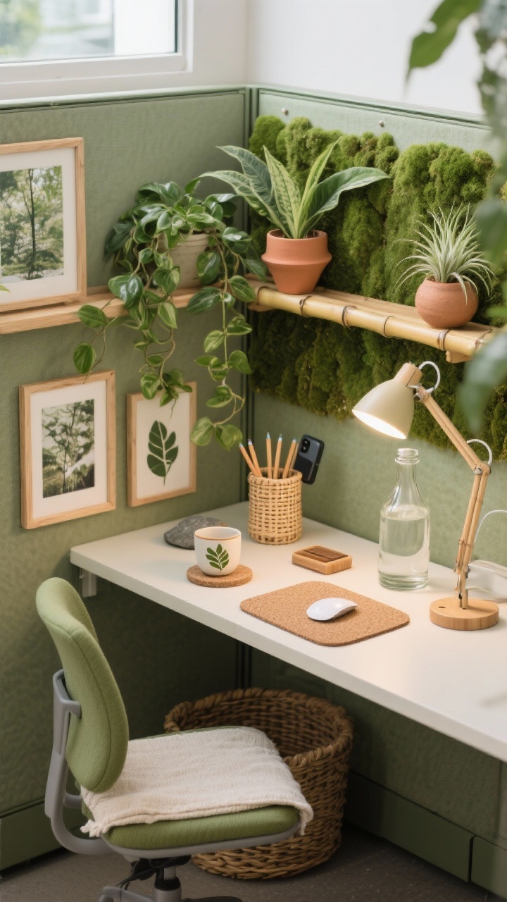 Photorealistic medium shot of a biophilic nook cubicle layered with nature textures: olive-green felt or moss-toned pinboard as the backdrop; curved bamboo monitor stand; rattan pencil cup; terra-cotta catchall. Plant trio: trailing pothos draped along a shelf edge, a snake plant or ZZ plant for low light, and a tiny air plant in a ceramic pod. Add a leaf-print mouse pad, stone coasters, wood-grain phone stand, and a breathable cotton seat pad in sage on the chair. Full-spectrum task lamp with soft diffuser mimicking daylight; a glass water carafe with a cup resting on a cork mat. Thin wood frames with nature photography, woven basket under the desk. Color palette: sage, olive, bamboo, terra-cotta, soft cream. Slight overhead corner angle, fresh and grounded mood.
