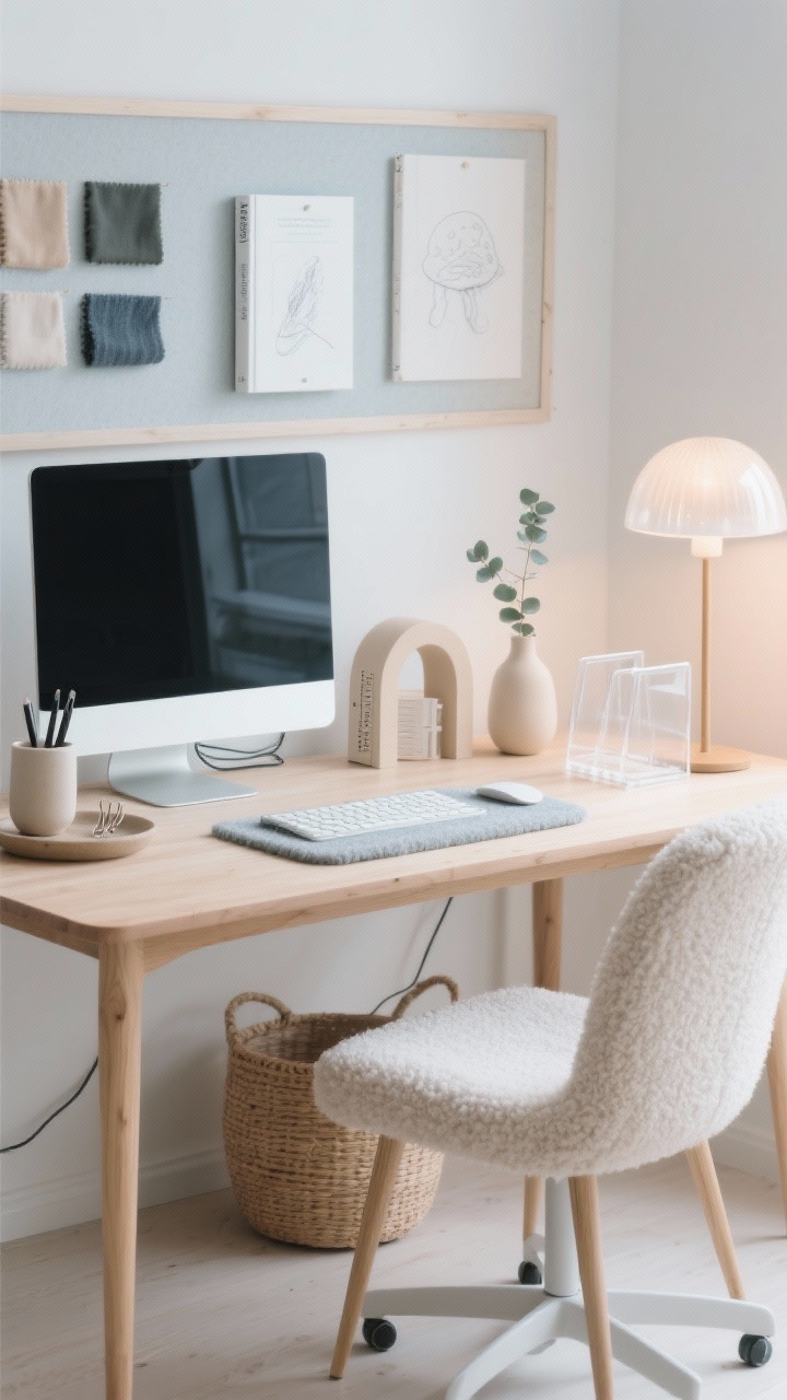 Photorealistic medium shot of a cloud-soft minimalist Scandinavian desk setup in warm whites, pale greige, and misty blue tones. A light oak desk on tapered legs with a cozy boucle swivel chair; slim white monitor stand with hidden cords; matte ceramic pen cup in sand; arch-shaped bookends holding two design books; a linen pinboard with three fabric swatches and a soft graphite sketch; petite mushroom lamp with an opal glass shade casting diffused glow; small stoneware tray with paper clips; clear acrylic file rack; wool felt desk pad under a keyboard; pale woven basket under the desk; narrow bud vase with a single eucalyptus sprig. Clean lines, rounded edges, airy and calm mood, soft natural daylight plus lamp glow, straight-on perspective.