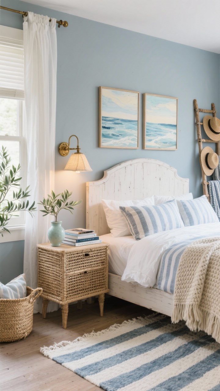 Photorealistic medium shot of a Coastal Craft bedside scene: misty blue-gray walls, whitewashed wood bed with a gently curved headboard; crisp white percale sheets, striped chambray duvet, waffle-knit throw in sandy beige; woven raffia nightstand topped with a small stack of coastal photography books and a ceramic seafoam table lamp, paired with a petite rattan sconce with a linen shade mounted above, casting warm golden-hour light; antiqued brass hardware accents; diptych of coastal abstracts in soft blues and creams visible above the bed; flatweave striped rug in ivory and faded denim peeking below; slim ladder rack with throws and hats in the background, lidded seagrass basket for extra pillows; fresh greenery with a potted olive tree near white cafe curtains layered over hidden blackout shades; relaxed, breezy mood, shot from a slight side angle.