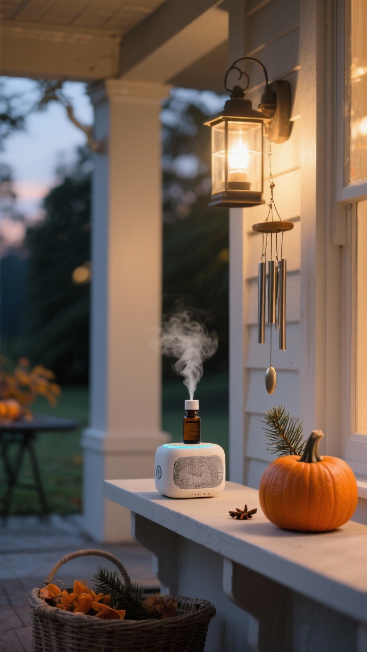 Photorealistic medium shot of a covered porch vignette set for scent and sound: an outdoor-safe essential oil diffuser on a side shelf emitting a faint cedar/clove/orange mist; a small waterproof Bluetooth speaker tucked subtly on a ledge, volume implied low; a minimal, elegant wind chime hanging nearby for a gentle note. Include subtle seasonal cues (a small pumpkin, maybe a cedar sprig) and warm, ambient evening light from a nearby lantern for a curated, cozy mood. No people, no clutter.
