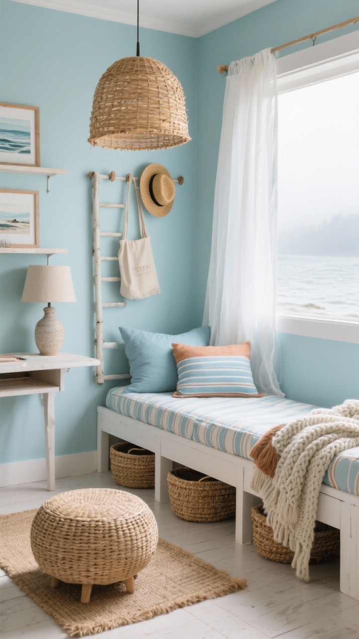 Photorealistic medium shot of a cozy coastal nook: foggy sea-glass blue walls, a white wood daybed tucked along one wall layered with striped cushions in soft blue and clay tones and a chunky knit throw, sheer white curtains gently lit by daylight, rattan pendant overhead adding warm woven texture, a narrow ladder desk with shelves nearby holding coastal art prints and a ceramic lamp with a linen shade, round woven ottoman as flexible seating, jute runner partially visible on the floor, under-bed seagrass baskets slightly pulled out, a simple peg rail with a straw hat and tote. Straight-on perspective, bright natural light, airy and breezy mood.