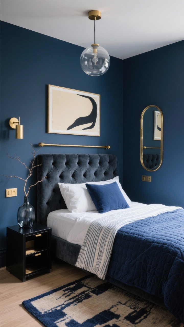Photorealistic medium shot of a cozy, cocoon-like small bedroom with midnight blue walls; tufted velvet headboard in charcoal/ink; layered bed styling with deep blue quilt, ivory sheets, thin pinstripe throw; brushed brass accents including picture light and hardware, slim brass-framed mirror to bounce light; petite black-lacquered cube nightstands with hidden storage; low-contrast vintage-style rug in navy and sand; compact glass globe pendant overhead; a single oversized cream-and-ink abstract art piece above the bed and a slim brass rail for rotating frames; add a smoky glass vase with a single branch; boutique-hotel mood, straight-on view.
