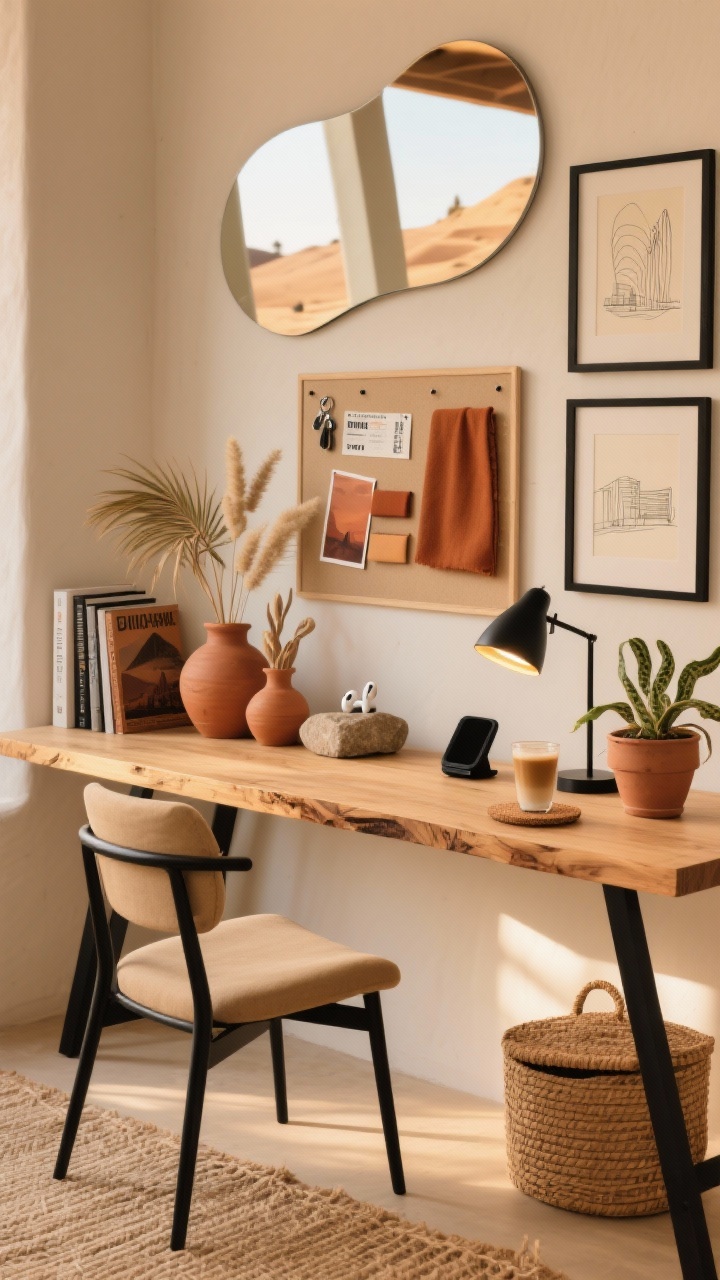 Photorealistic medium shot of a desert modern workspace with warm neutrals. Medium-toned oak slab desk; sleek black metal frame chair with a sand-colored cushion; palette of terracotta, camel, clay with black accents. Curved-edge mirror on wall reflecting warm light; textured jute runner under the desk; slim black LED desk lamp; unglazed terracotta vessels with dried palms and bunny tails; stone catchall for keys and AirPods; matte black bookends flanking travel and architecture books; sandy linen pinboard with fabric swatches, a ticket stub, and a rust-colored postcard; matte black wireless charger stand; cork coaster with iced latte; small gallery of line-drawn prints in thin black frames; snake plant in a clay pot; woven lidded basket beside the desk. Golden-hour sunlight, serene and grounded mood, slight side angle.