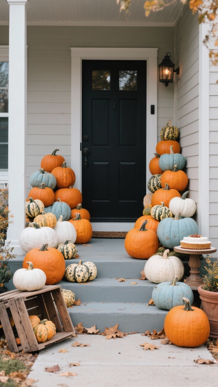 Photorealistic medium shot of a front porch entry styled as a “pumpkin parade”: clusters of mixed pumpkins in classic orange, pale blue Jarrahdales, ghost-white pumpkins, and speckled gourds arranged on both sides of a door and cascading down the steps. Include overturned wooden crates, a cake stand, and planters to layer heights; arrange in odd-number groupings (3s and 5s). Mix smooth ghost pumpkins with warty gourds for texture. Soft overcast morning light, straight-on perspective, neutral siding and black door to let the pumpkins’ colors pop, fallen leaves lightly scattered, no people.