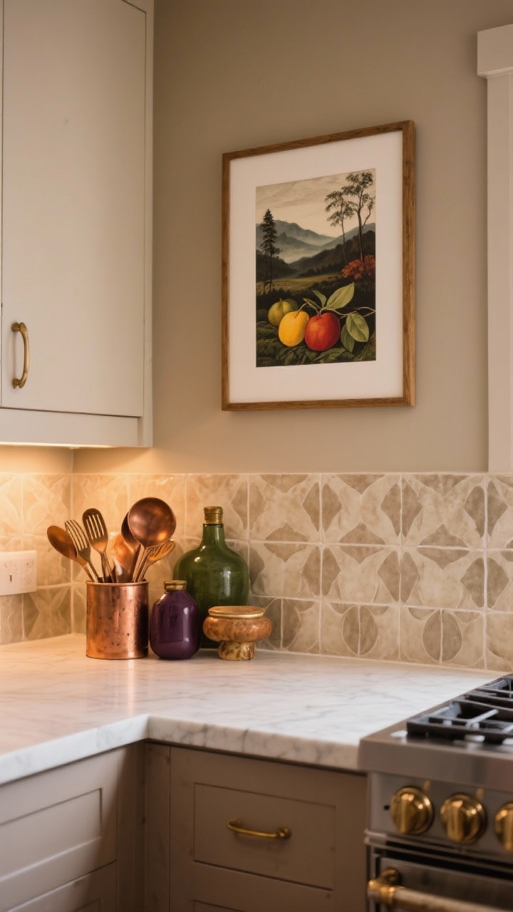 Photorealistic medium shot of a kitchen wall and counter styled with seasonal art and soft color pops: framed moody landscape and vintage fruit illustration hung above a counter; palette of earthy neutrals (mushroom/oatmeal/camel) with warm accents (rust, marigold, forest green, aubergine) in small accessories; aged brass or copper utensils for glow; peel-and-stick backsplash decals in a muted, tasteful pattern. Warm ambient lighting; straight-on view.