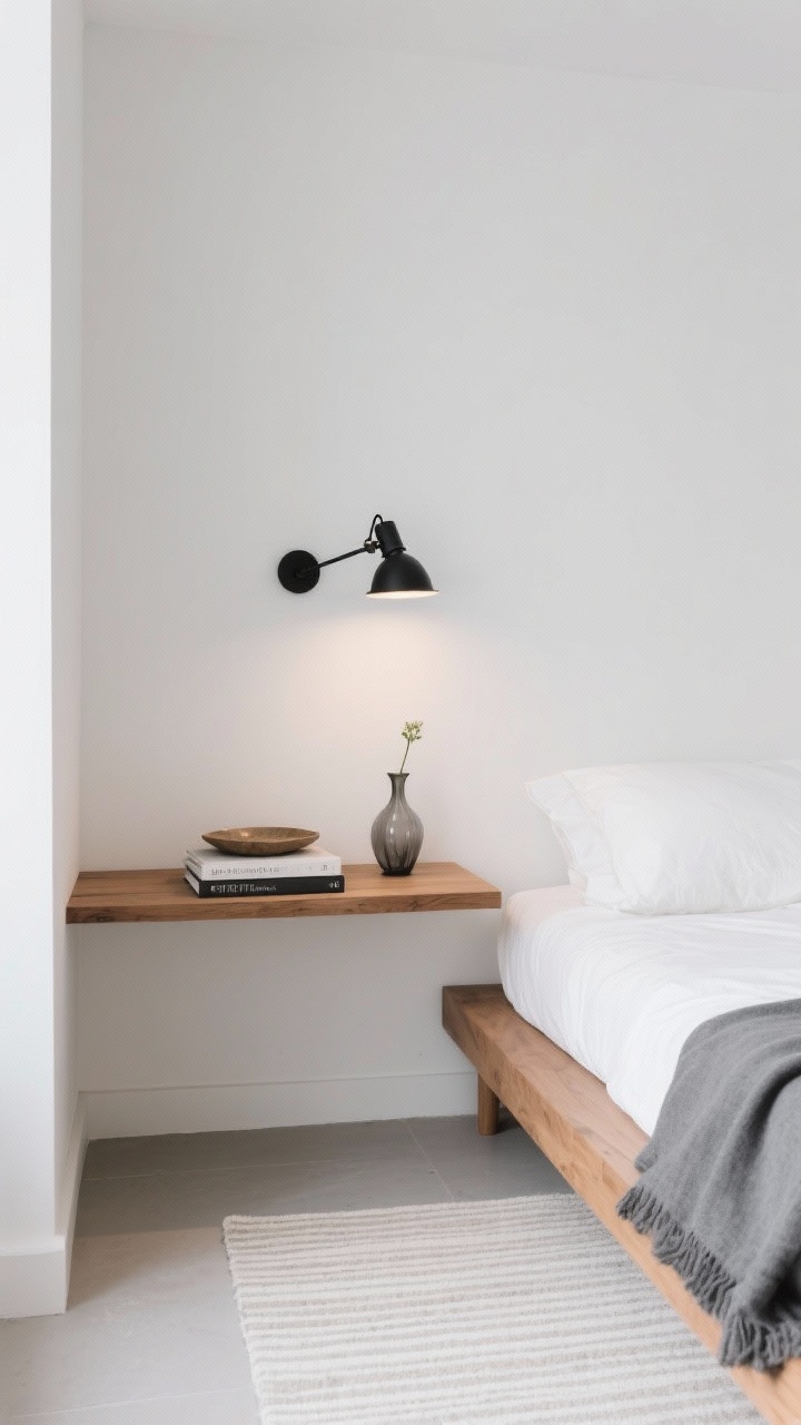 Photorealistic medium shot of a minimalist bedroom corner with a matte white wall and a slim floating oak shelf used as a nightstand; above it, a black swing-arm sconce with a slim profile casts focused warm light. On the shelf: a small ceramic tray, a low stack of two paperbacks, and a tiny smoky-glass sculptural bud vase. Include a light oak platform bed with crisp white percale sheets, a dove gray linen duvet, and a graphite throw at the foot. Add a low-profile flat-woven rug in pale tonal stripes on the floor. Palette: white, light oak, dove gray, matte black. Textures: smooth oak, crisp cotton, relaxed linen. Straight-on view, uncluttered, airy and calming mood.