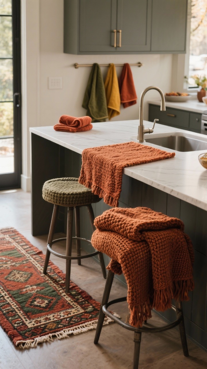 Photorealistic medium shot of a modern kitchen island with moody fall textiles: a textured woven runner in earthy terracotta tones draped along a narrow island, chunky knit throws folded over two bar stools, and cotton-linen hand towels in rust, olive, mustard, and terracotta hanging from a cabinet pull. Include a washable vintage-look Persian/kilim-style rug in muted rust and olive placed in front of the sink with a low-profile rug pad edge subtly visible. Soft, warm natural afternoon light; focus on texture and fabric weave; no people.