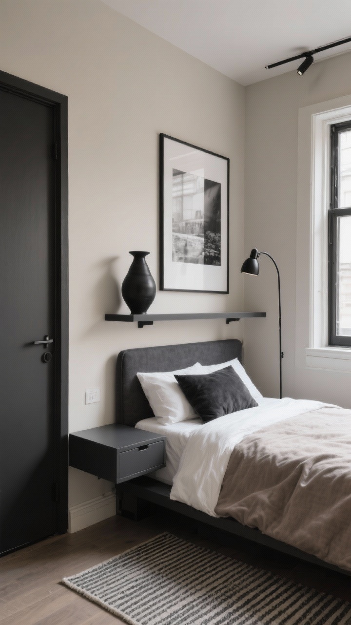 Photorealistic medium shot of a modern monochrome small bedroom corner with urban loft vibe. Warm greige walls in velvety matte; baseboards, window trim, and door painted charcoal for crisp contrast. Platform bed with slim charcoal headboard aligned to a single floating nightstand; wall-mounted desk that doubles as a vanity in the same charcoal tone to repeat color rhythm. Crisp white sheets, textured soft taupe duvet, charcoal lumbar pillow. Matte black wall-mounted sconces freeing surfaces; add a slim arc floor lamp in matte black if visible in a spare corner. Oversized black-and-white photograph on greige wall, sculptural ceramic vase on the floating shelf, low-pile rug with a subtle linear pattern. Even, softly diffused daylight for a deliberate, cozy, sleek feel, straight-on perspective, no people.