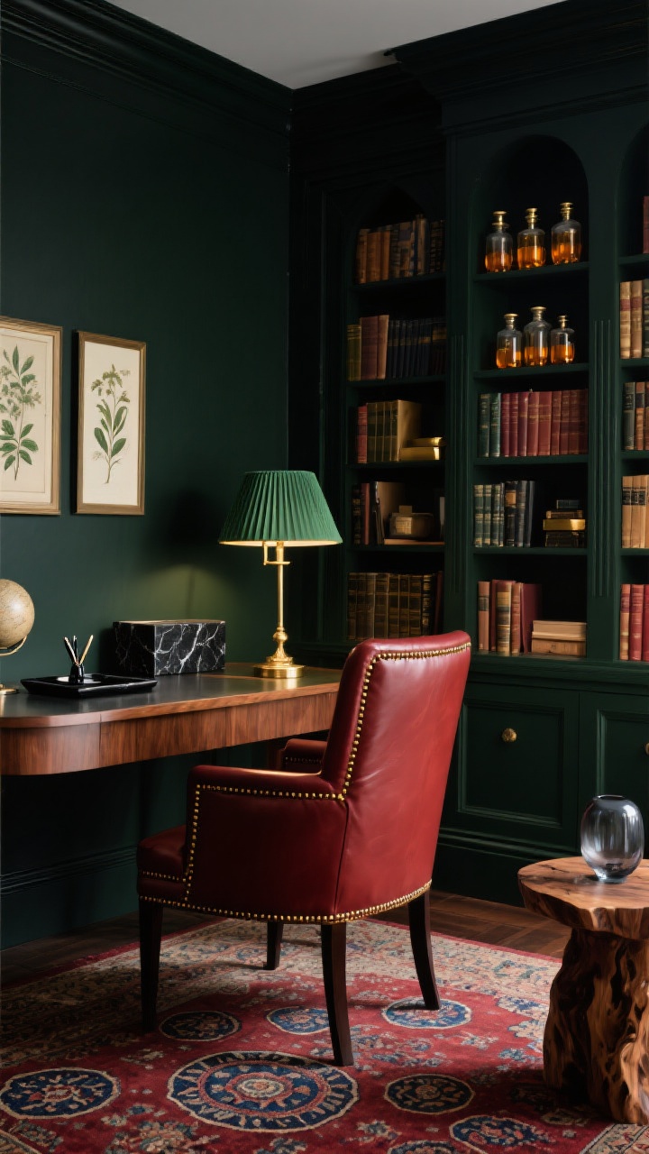 Photorealistic medium shot of a Moody Library Luxe workspace: walls painted deep inky green-black, dark walnut executive desk with rounded corners set on a Persian-style rug in cranberry and navy medallions. Built-in bookcase behind, painted to match walls, filled with hardcover classics, brass bookends, amber apothecary jars. High-back oxblood leather chair with brass nailhead trim at the desk. Green-shaded banker’s lamp glowing on the desktop; brass floor lamp with pleated shade in a reading corner. Accessories: vintage botanical prints, small globe, black marble tray with fountain pens, and a burl wood side table holding a smoky glass diffuser (cedarwood + clove). Low, dramatic lighting, rich textures.