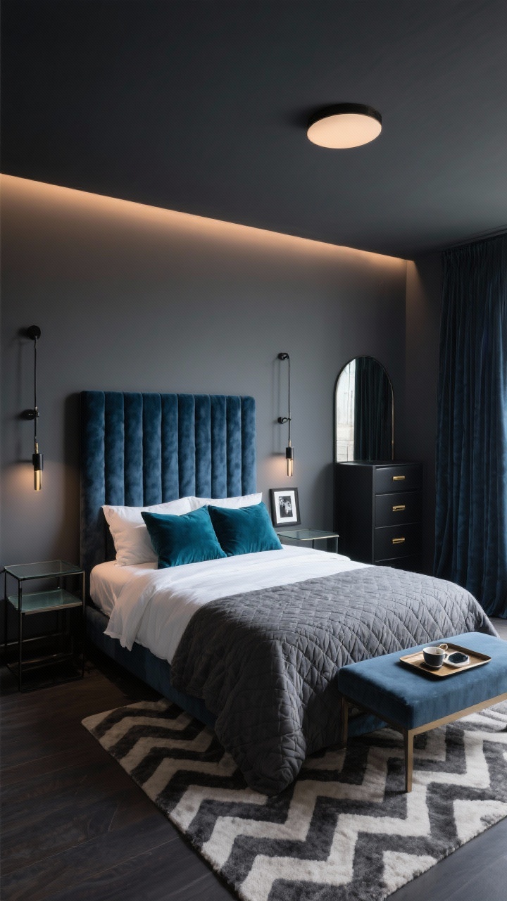 Photorealistic medium shot of a Moody Modern bedroom vignette: charcoal-painted walls and ceiling, wall-to-wall ink-blue velvet channel-tufted headboard creating a luxe hotel vibe; bed dressed in high-contrast layers—crisp white percale sheets, graphite quilt, two velvet pillows in deep teal; slim black swing-arm sconces mounted on the wall, narrow black metal nightstands with smoked glass tops and one shelf; matte-black tall dresser with brass pulls visible to the side; arched floor mirror leaning in the corner reflecting light; floor-grazing blackout velvet curtains matching the wall color; layered lighting with a dim-to-warm LED flush mount glow, sconces for reading, and a tiny picture light highlighting a framed black-and-white photograph; dense low-pile rug in charcoal-and-ivory herringbone grounding the scene; a tray on the bed for tea/tech; moody, cocoon-like atmosphere, straight-on perspective.
