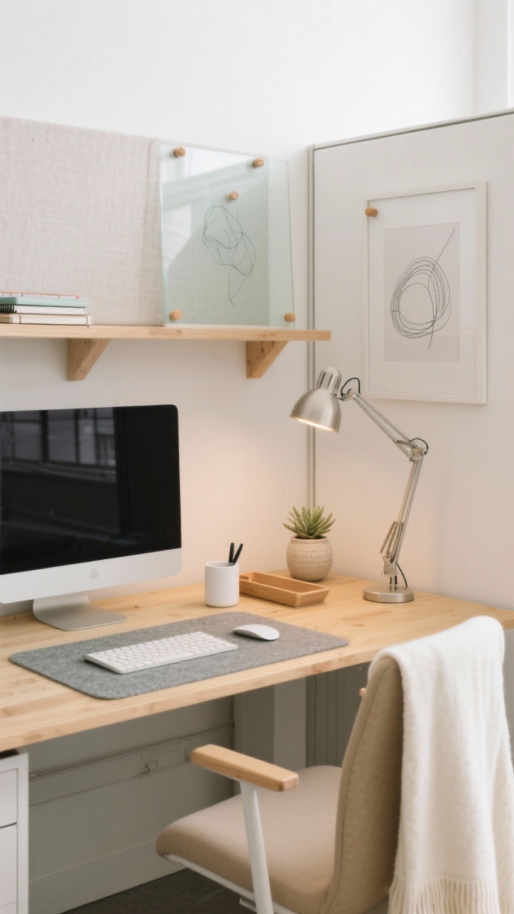 Photorealistic medium shot of a Scandinavian calm cubicle corner with soft neutrals and clean lines: a blonde wood desk shelf elevating a monitor with notebooks tucked underneath, a stone-gray felt desk pad, matte white pen cup, light oak document tray, and a small ceramic planter with a succulent. Include frosted glass frames with abstract line drawings pinned to a neutral linen pinboard with wood pushpins. Add a slim brushed nickel task lamp casting a warm 2700K glow; a cream throw draped over the chair; sand-colored mouse and keyboard. Color palette: ivory, soft gray, warm oak, muted sage. Straight-on angle, airy natural light, quiet, minimal styling.