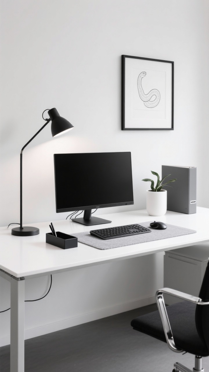 Photorealistic medium shot of a sleek minimalist monochrome corporate desk setup: white desktop with a slim matte-black monitor stand, low-profile keyboard and wireless mouse with hidden cables, a single sculptural matte-black desk lamp with a slender stem and swiveling head casting clean focused light, a light gray felt desk pad, a white cylinder pot holding a small snake plant, a sleek black pen tray and one lidded box, plus a thin vertical file in graphite. Background wall features one black-framed monochrome line drawing. Tight palette of white, charcoal, matte black, polished chrome accents; materials show powder-coated metal, glass, smooth lacquer. Calm, generous negative space, three visual elements on desktop. Straight-on perspective at desk height, crisp studio lighting with soft shadows, no people.