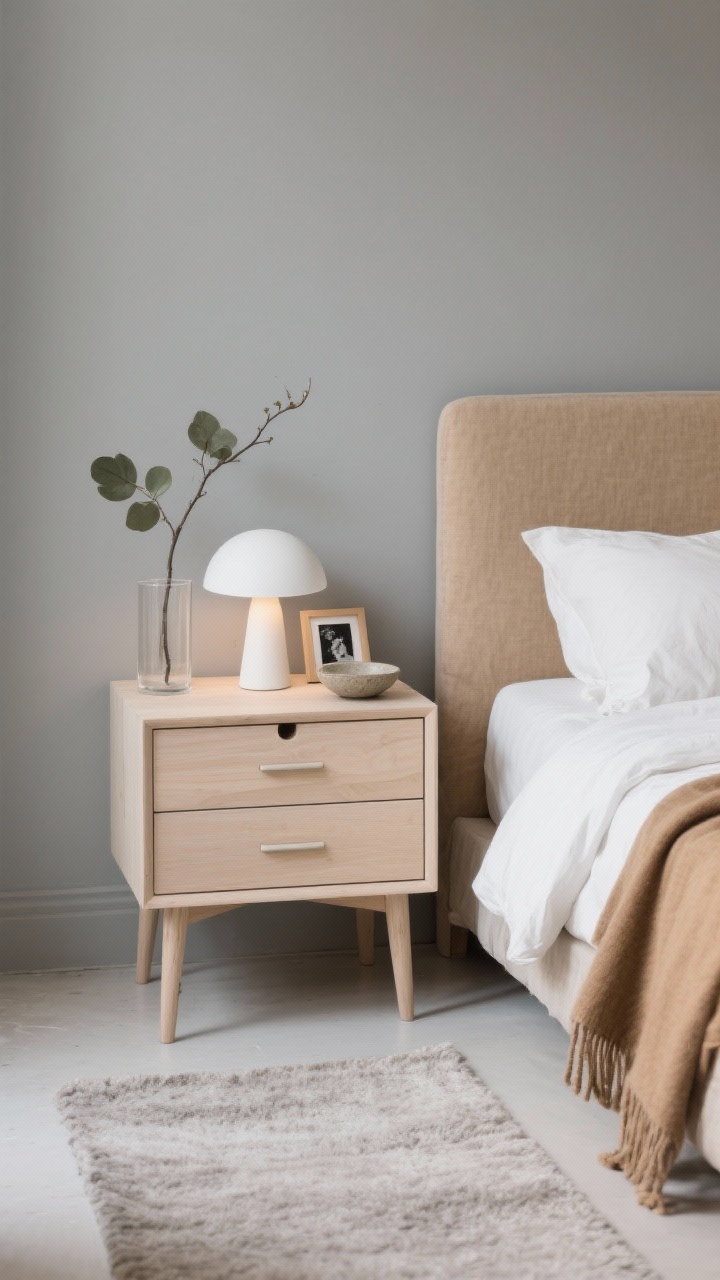 Photorealistic medium shot of a slim Scandinavian three-drawer nightstand in pale birch/ash with rounded corners and minimalist pulls, set against misty gray walls. On the nightstand: a matte white mushroom-style table lamp glowing softly, a single stoneware dish, and a tiny framed black-and-white photo. The bed features a linen-upholstered headboard in warm beige, stone-washed linen bedding in warm white, and a camel throw folded at the foot. A single leafy branch stands in a clear cylinder vase. Underfoot, a light heathered wool rug blends with the wall tone. Clean, calm, efficient vibe; slight overhead/angled perspective to emphasize vertical storage and serene surfaces.