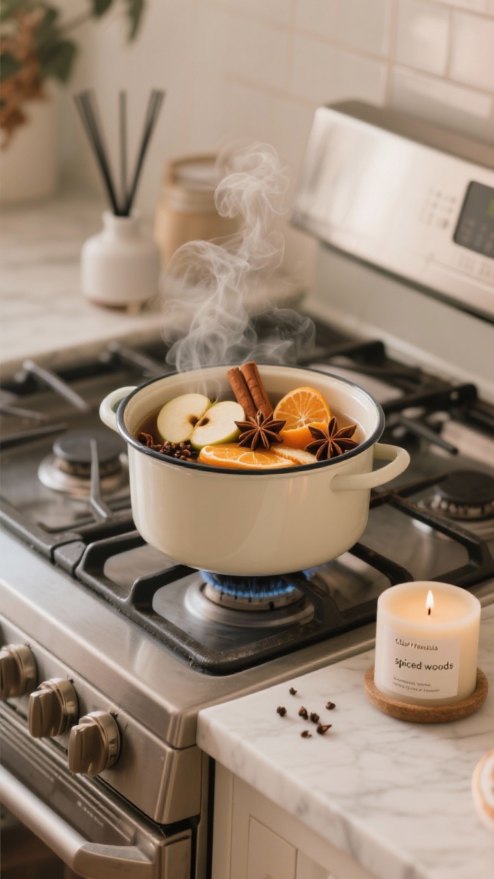 Photorealistic medium shot of a stove area styled for layered seasonal scents: a simmering stovetop potpourri in a simple enamel pot with visible apple slices, orange peels, cinnamon sticks, star anise, and whole cloves; a minimalist diffuser nearby labeled with clove/vanilla/cedar notes; and a single subtle “spiced woods” candle placed safely away from the cooktop. Warm, gentle lighting; steam visible; clean counters to convey calm and intentionality.