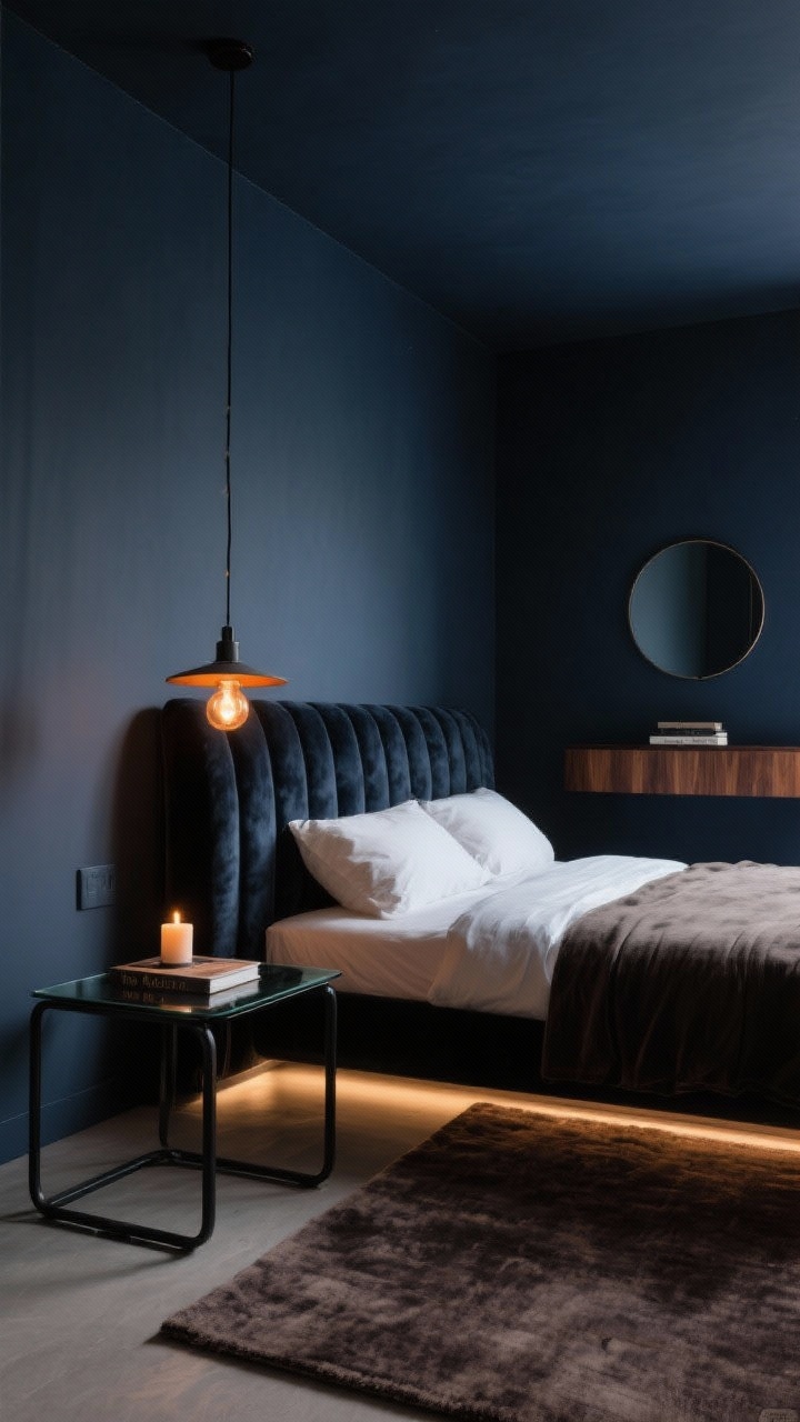 Photorealistic medium shot of “The Moody Cocoon” bedroom corner: deep charcoal-blue walls and ceiling enveloping the space, velvet headboard in midnight tone, black metal bedside table with smoked glass top holding only a candle and a book. Pendant light with warm amber bulb hanging from the ceiling beside the bed; dim-to-warm lighting layered with a subtle, floor-level LED glow behind the headboard. Plush low-pile rug in rich taupe underfoot. Hints of walnut from a wall-mounted console opposite (seen in background), with a round thin-framed mirror above. Palette of charcoal, inky blue, black metal, warm walnut; minimal, hotel-chic ambiance, shot from a corner angle emphasizing the wraparound dark color.