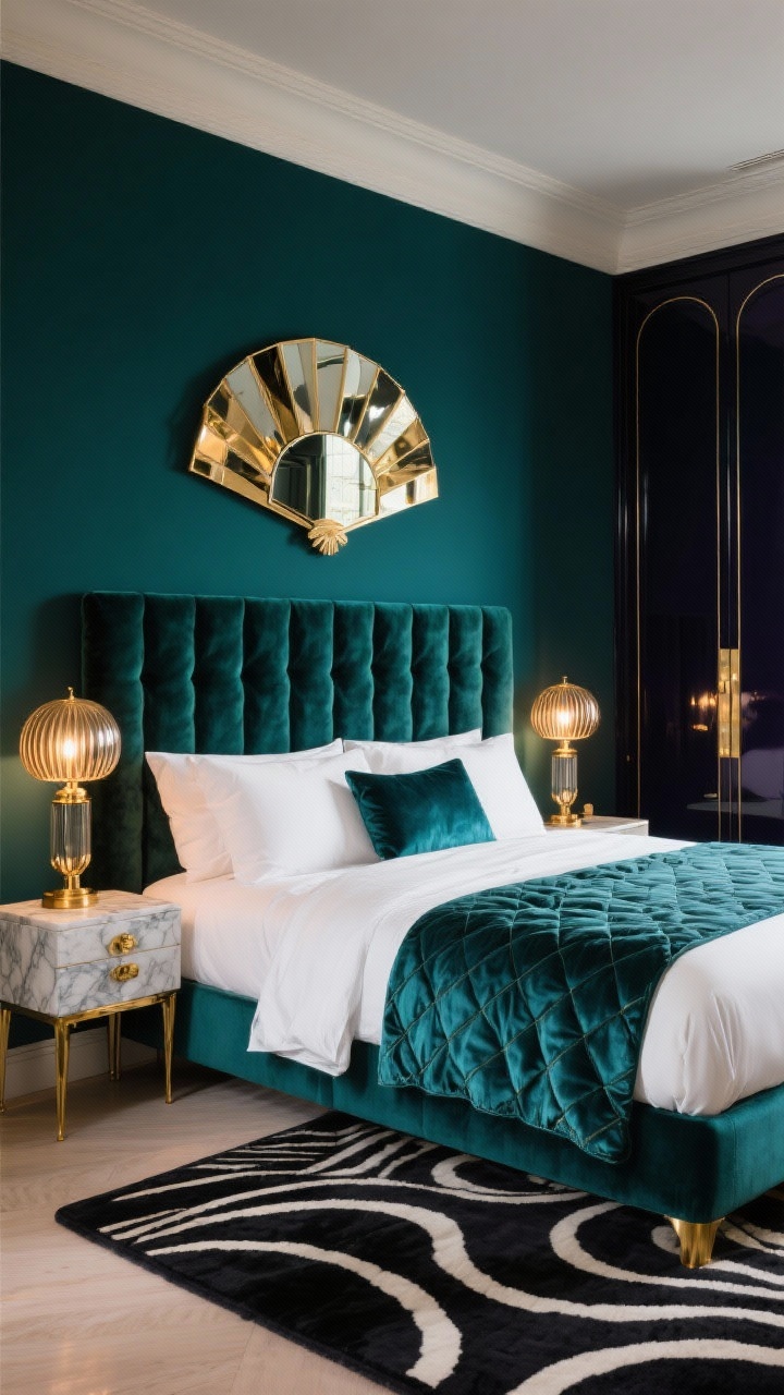 Photorealistic medium shot of an “Art-Deco Jewel Box” vignette centered on the headboard wall. Walls painted a deep jewel tone (emerald, sapphire, or aubergine). Velvet channel-tufted headboard in a coordinating shade; bed dressed with crisp white sheets and a silky quilt in a complementary jewel tone. Brass or smoked mirror nightstands with slender legs on either side. Above the bed, a fan-shaped mirror or geometric brass wall piece. Lighting: deco globe lamps with ribbed glass on warm dimmers creating a glamorous glow. Low-pile rug in black and ivory with art-deco curves and lines visible at the bottom of frame. Accents include brass and marble hardware glimpsed on a nearby dresser, and a lacquered wardrobe with slim brass inlay off to the side. Materials: velvet, marble, brass, mirror, lacquer; rich, boutique-hotel luxury; no people.