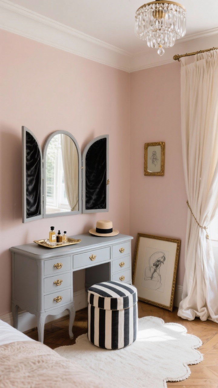 Photorealistic medium shot, Parisian petite bedroom corner with a curvy vintage vanity painted dove gray, antique brass pulls, and an arched three-panel folding mirror; walls with a soft blush undertone, black-and-ivory ticking stripe stool; petite crystal flush mount ceiling light sparkling softly; velvet-lined top drawers slightly open, carved tray with perfume bottles, a lidded hatbox tucked beneath; French linen curtains lightly pooled on the floor beside a scalloped ivory rug; art includes a small gilded frame with a charcoal sketch and a leaning vintage mirror creating layered depth; warm romantic ambiance with diffused afternoon light, angled corner perspective for layered, collected feel.