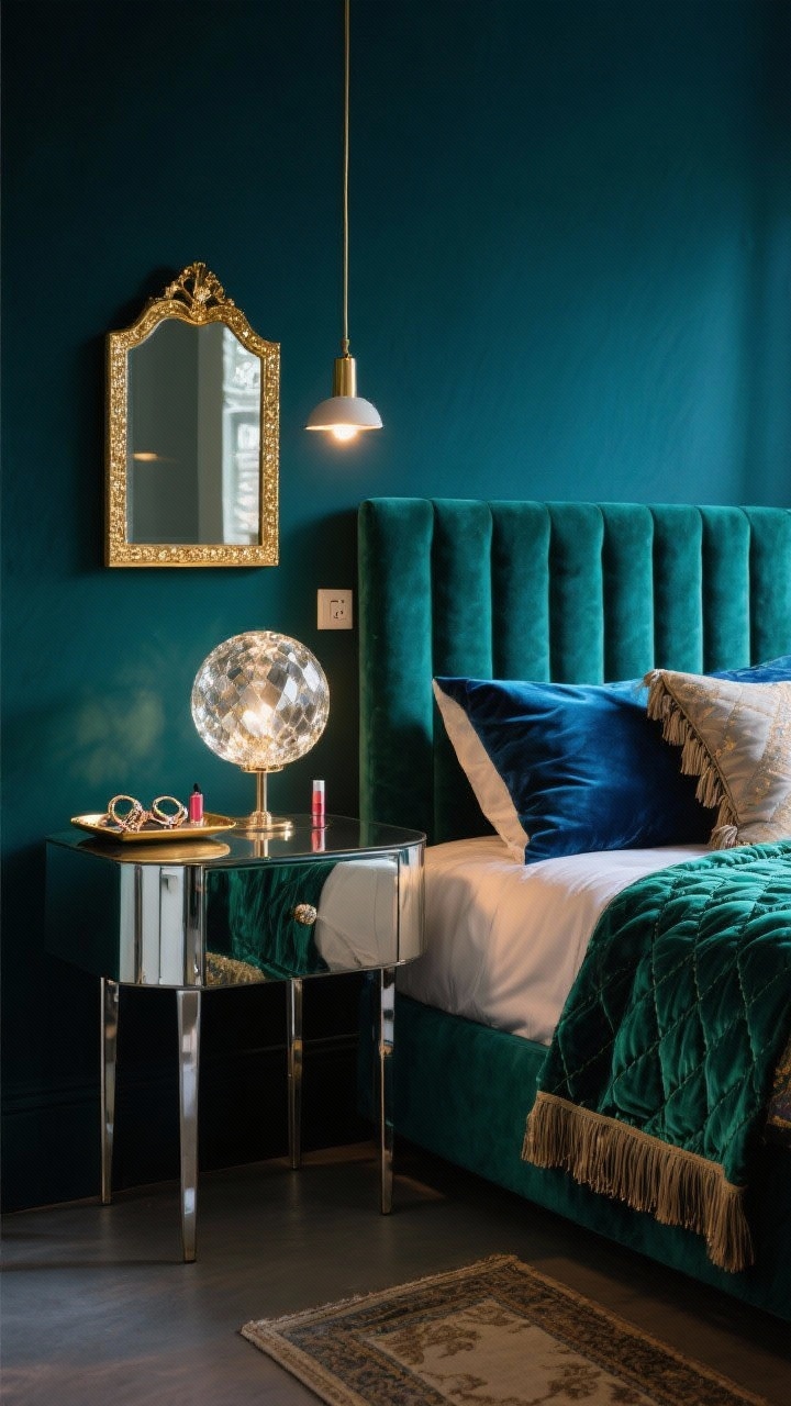 Photorealistic medium shot, straight-on glam vignette: A mirrored nightstand with slim chrome legs beside a channel-tufted velvet headboard in a rich jewel tone (emerald or sapphire) against deep teal or midnight walls. On the nightstand, a crystal or glass orb lamp glows warmly, with a petite tray holding rings and lip balm. Above, a compact gold-framed mirror amplifies sparkle; on the opposite side of the bed, a dimmable plug-in pendant hangs to balance lighting. Textiles include lustrous sateen sheets, a quilted coverlet, and one playful fringe pillow. A narrow vintage-inspired runner elongates the small space. Evening ambiance with layered reflections and soft, flattering light. No people.